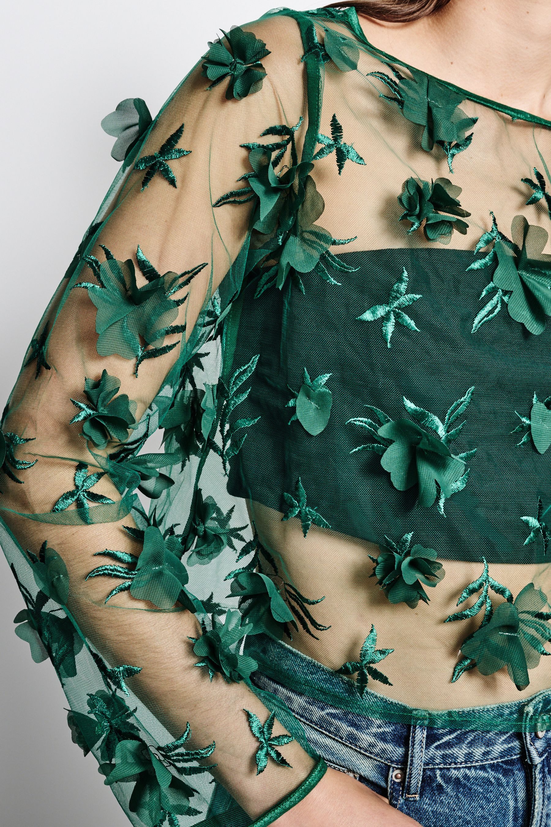 Next Langarmbluse Langarmoberteil aus Mesh mit 3D-Blume (1-tlg)