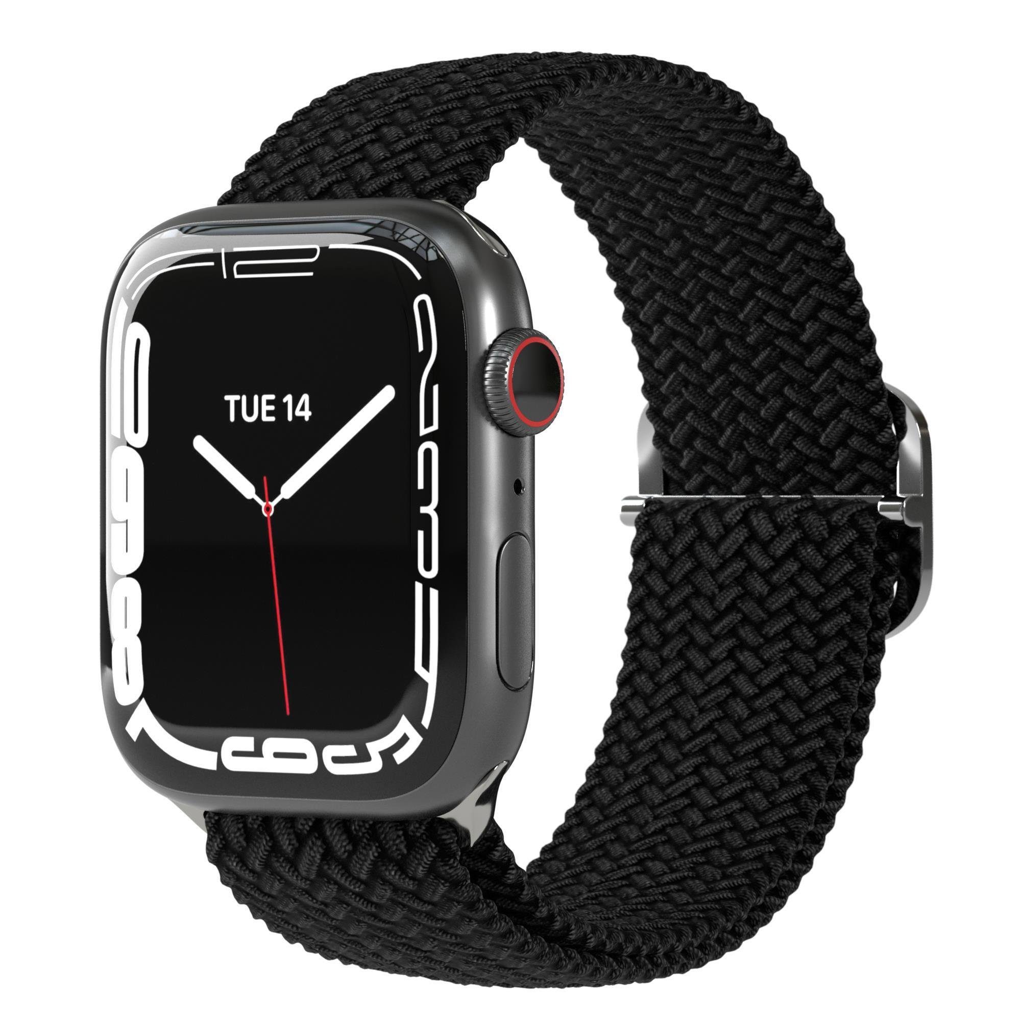 EAZY CASE Uhrenarmband Flechtband für iWatch 9 8 7 6 5 4 3 2 1 SE Ultra, Fitnessband Apple Watch 42mm 44mm 45mm 49mm elastisch Unisex Schwarz
