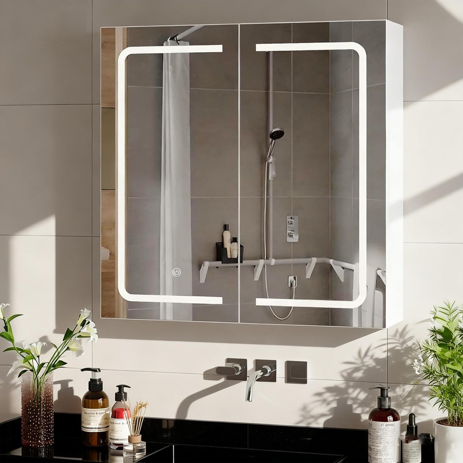 MSMASK Badezimmerspiegelschrank mit LED-Beleuchtung, Sensorschalter, 17 x 65 x 65 cm, Weiß (1-St) 2 Türen & verstellbare Ablage – Bild 3 von 5