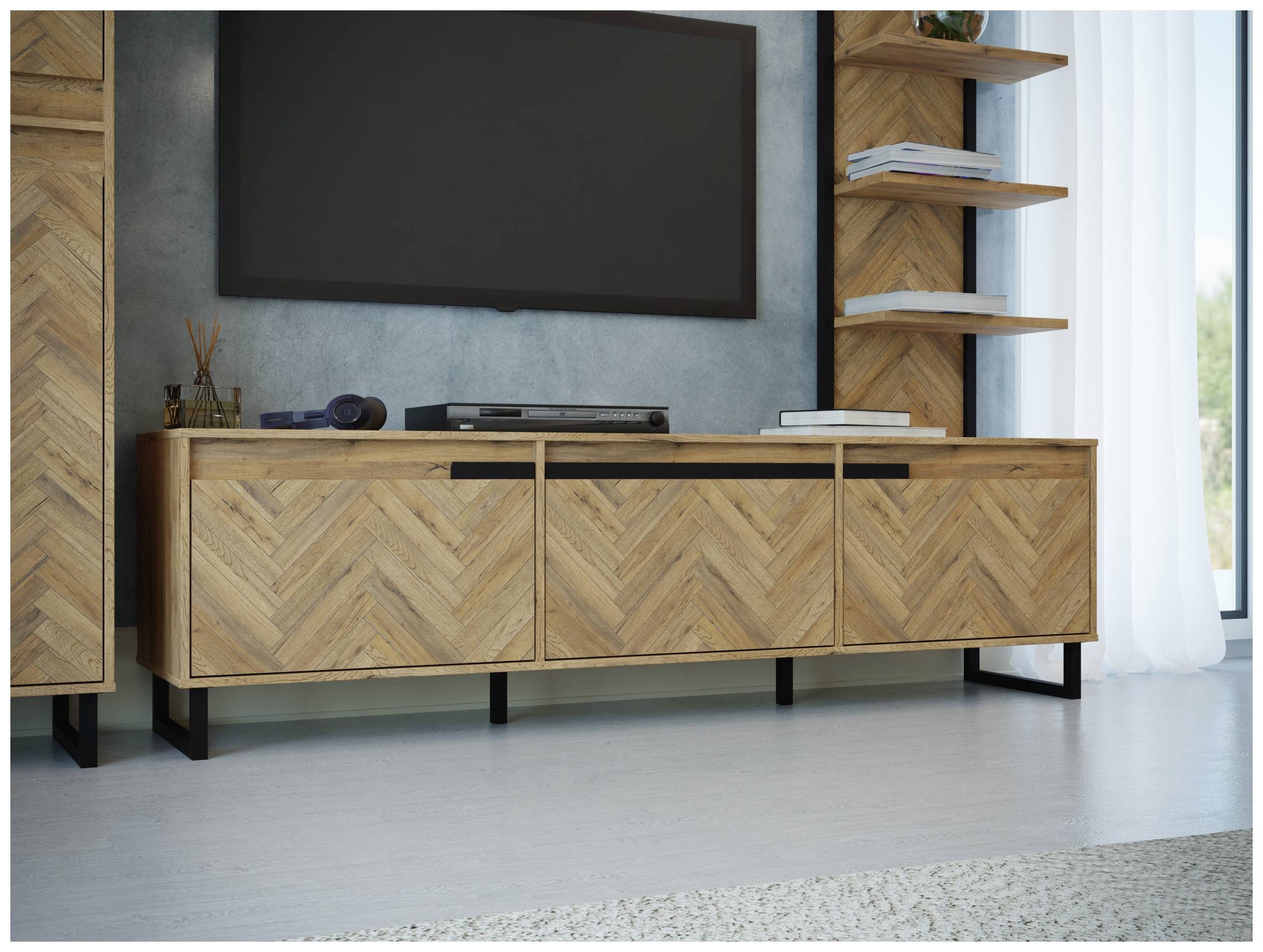 FORTE Lowboard Lowboard TV-Board SOLLETICO Optik: Bartex-Eiche mit Fischgrätoptik