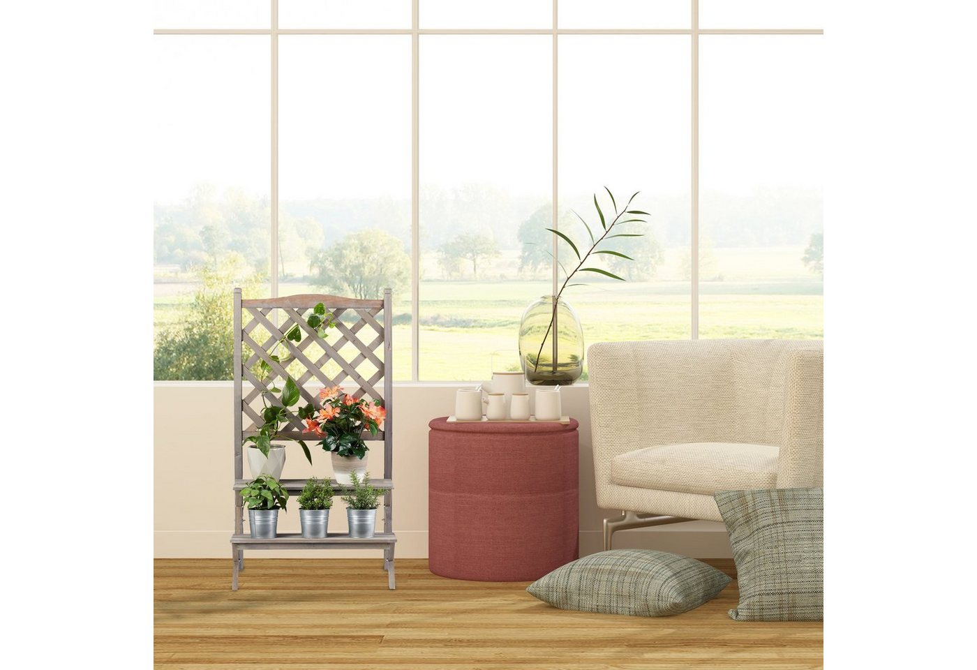 Thumbnail - relaxdays Blumenständer Blumentreppe mit Rankgitter grau, L