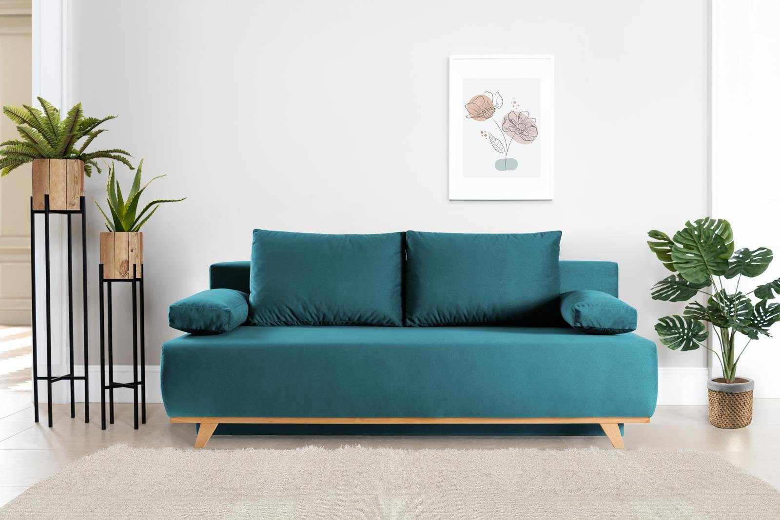 Stil cm, 238) mit Liegefläche x (mono modernes Beautysofa aus Sofa 140 Schlafsofa 200 Polstersofa im Wohnzimmer, für Velours, Bettkasten,Holzbeine, Grün Wolly,