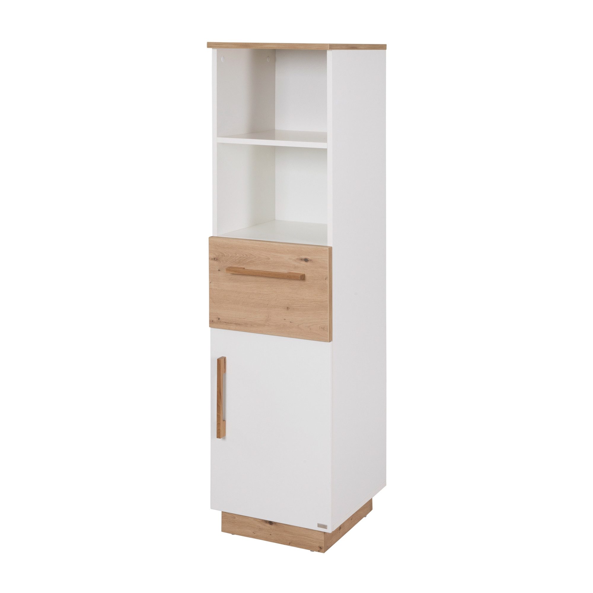 roba® Standregal Lion mit 2 offenen Fächern, 1 Schublade & 1 Tür, Kinderregal in Weiß mit Dekor in Artisan Eiche - Griffe aus Massivholz