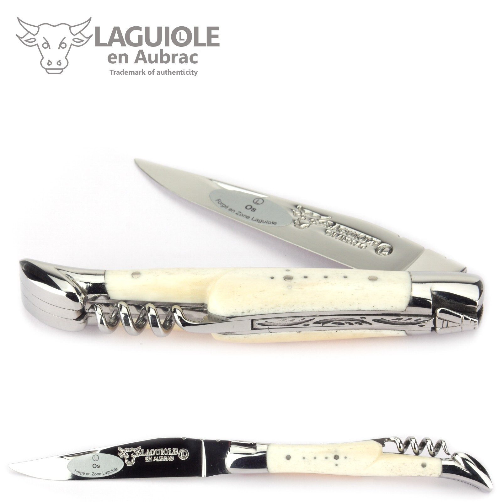 Laguiole en Aubrac Taschenmesser L0311OSISI, Griff 11cm Knochen - Feder verziert - Korkenzieher - Stahl glänzend
