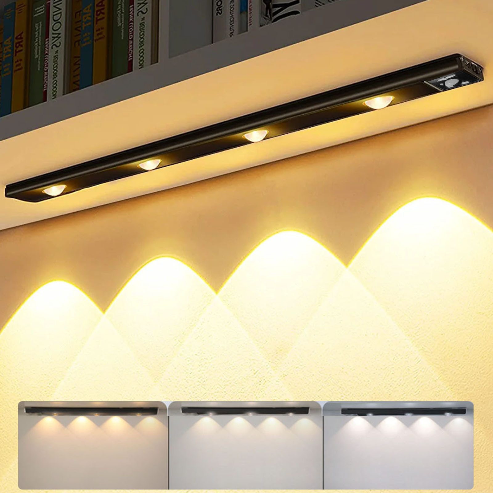 Jibenhome LED Unterbauleuchte LED Unterbauleuchte mit Bewegungsmelder, 3 Farbtemperatur, Aufladbar Schranklicht für Kleiderschrank, Unterschrank, Treppe, RV