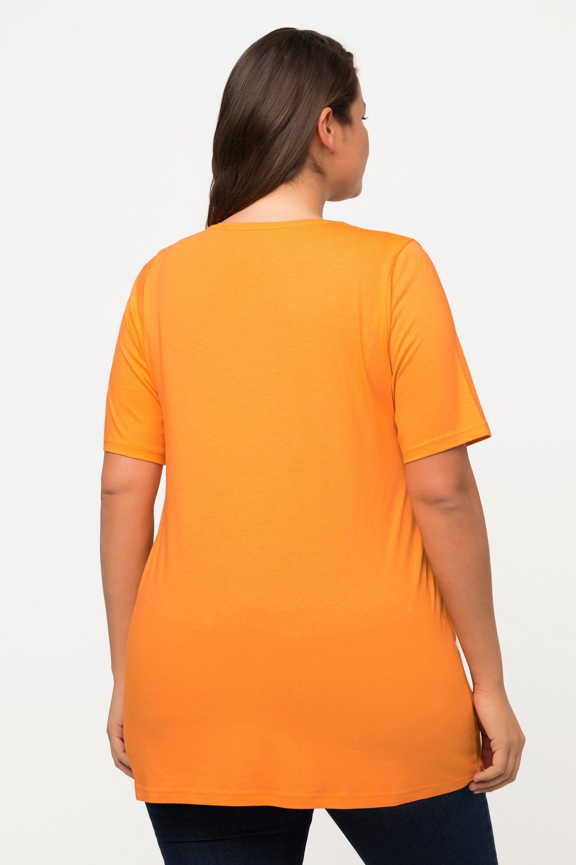 Halbarm Popken Rundhals Zierfalten Ulla orange Rundhalsshirt A-Linie cantaloupe Modal T-Shirt