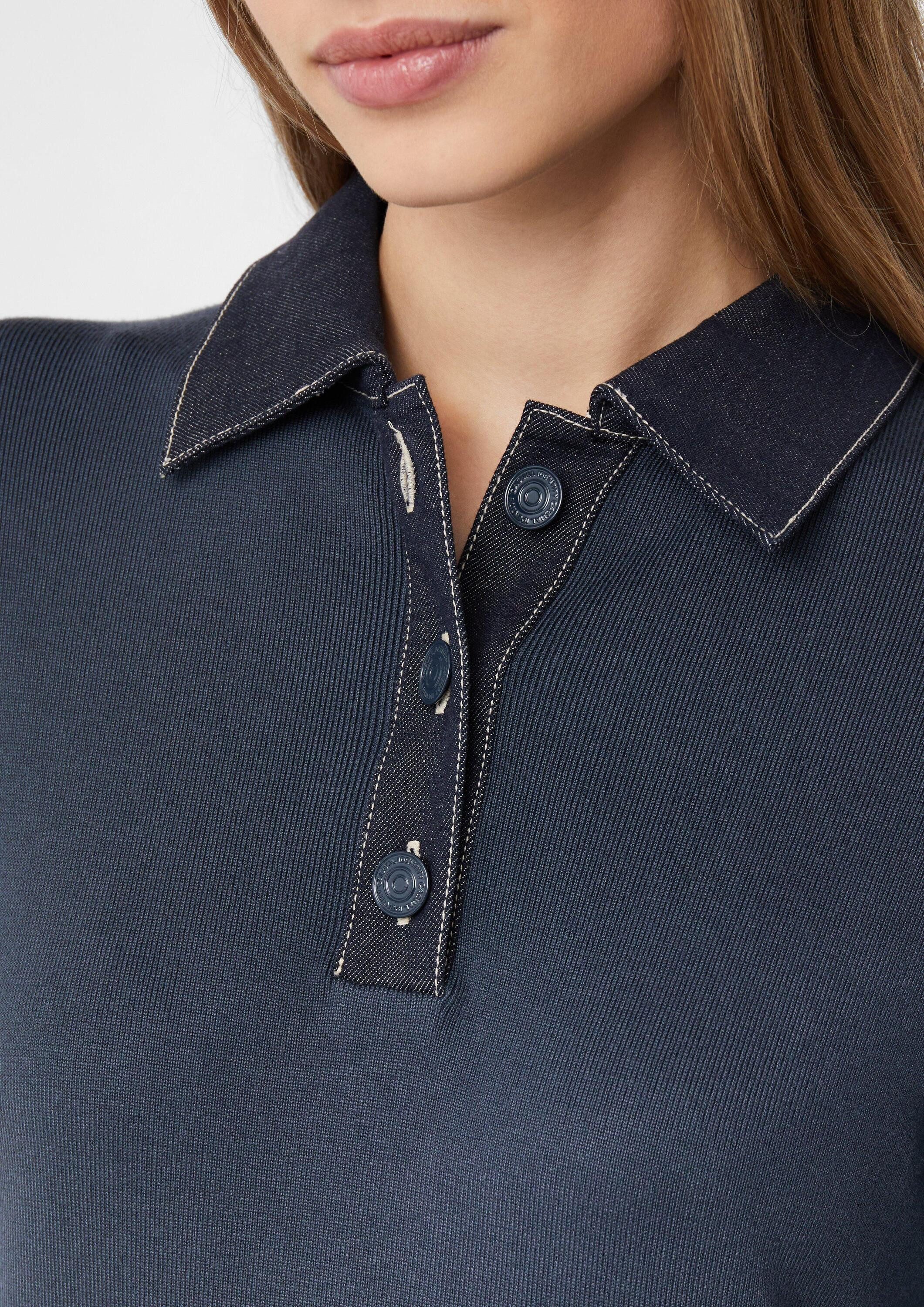 comma Midikleid Kleid Strickkleid mit Denim-Polokragen und überschnittenen Schultern