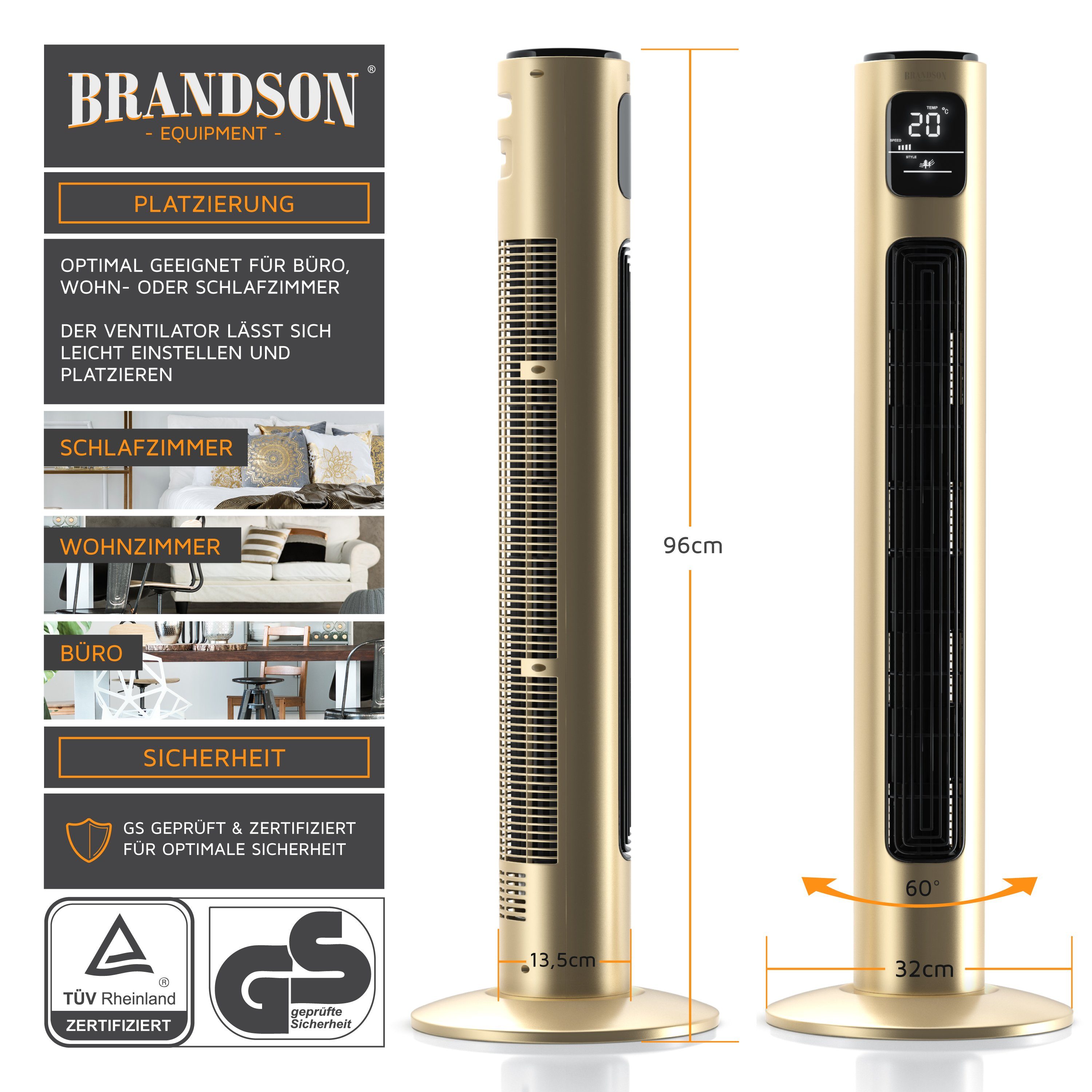 Brandson Oszillation Fernbedienung, Standventilator Champagne Timer, 96cm, 65°, Turmventilator,