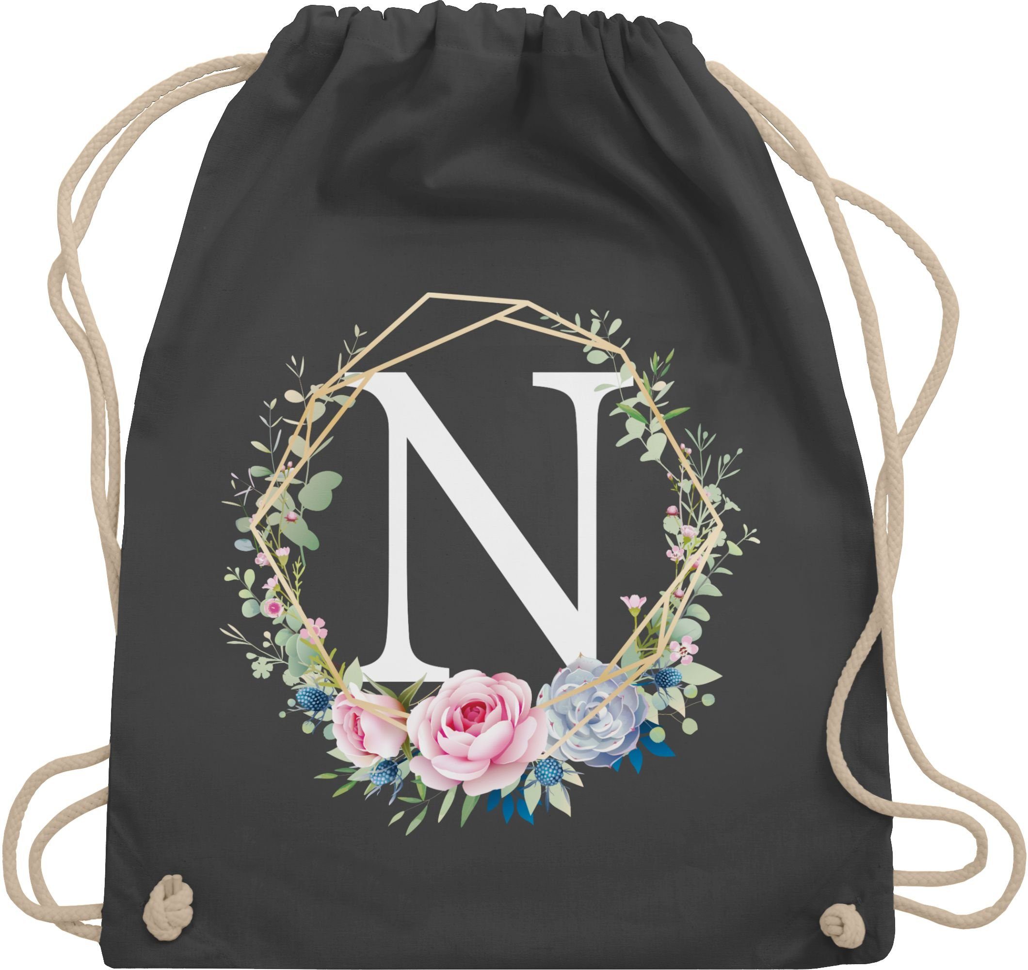 Shirtracer Turnbeutel Blumenkranz mit Buchstabe N, Geschenk Taschen Initialen Shopper Baumwolle