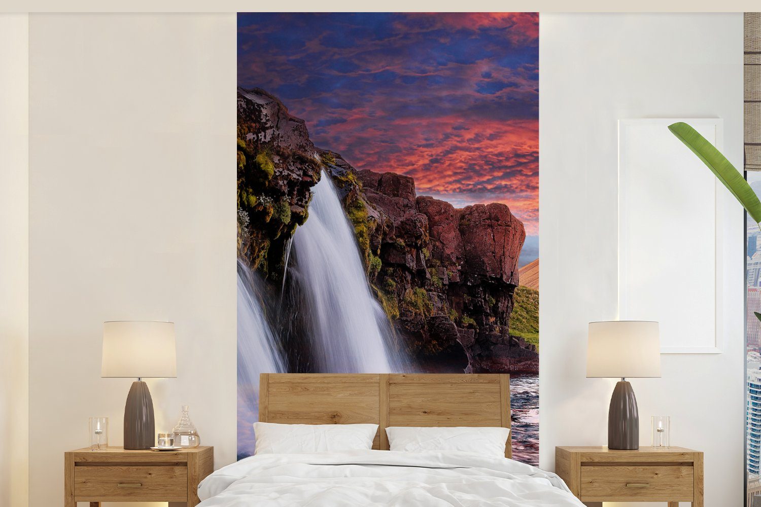 MuchoWow Fototapete Wasserfall - Berg - Wolken - Rosa - Landschaft, Matt, bedruckt, (2 St), Vliestapete für Wohnzimmer Schlafzimmer Küche, Fototapete