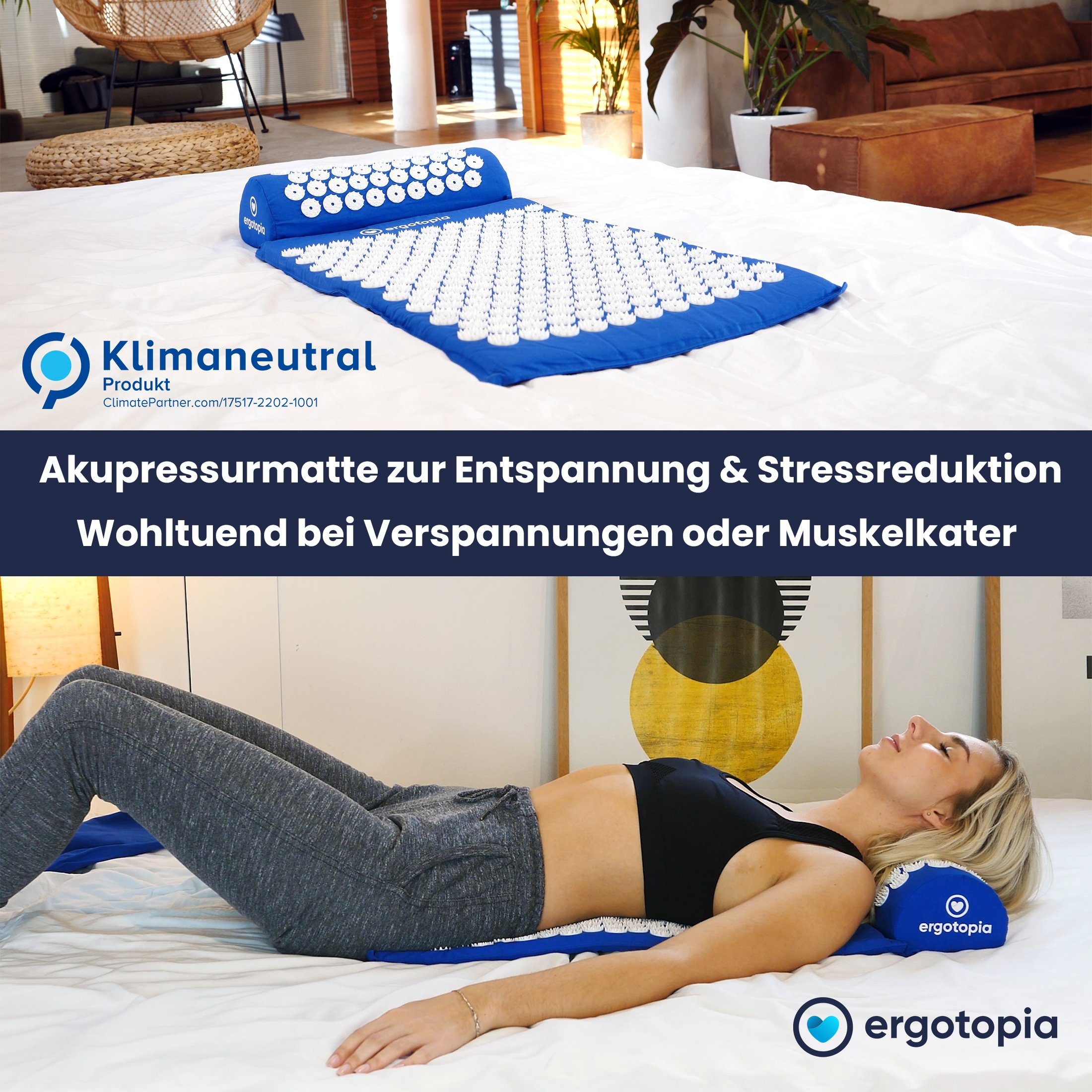Ergotopia Akupressurmatte Akupressur Set mit Akupressurkissen Massagematte 68 x 42 cm (Massage Matte inkl. Tragetasche), löst Verspannungen und Fördert die Durchblutung