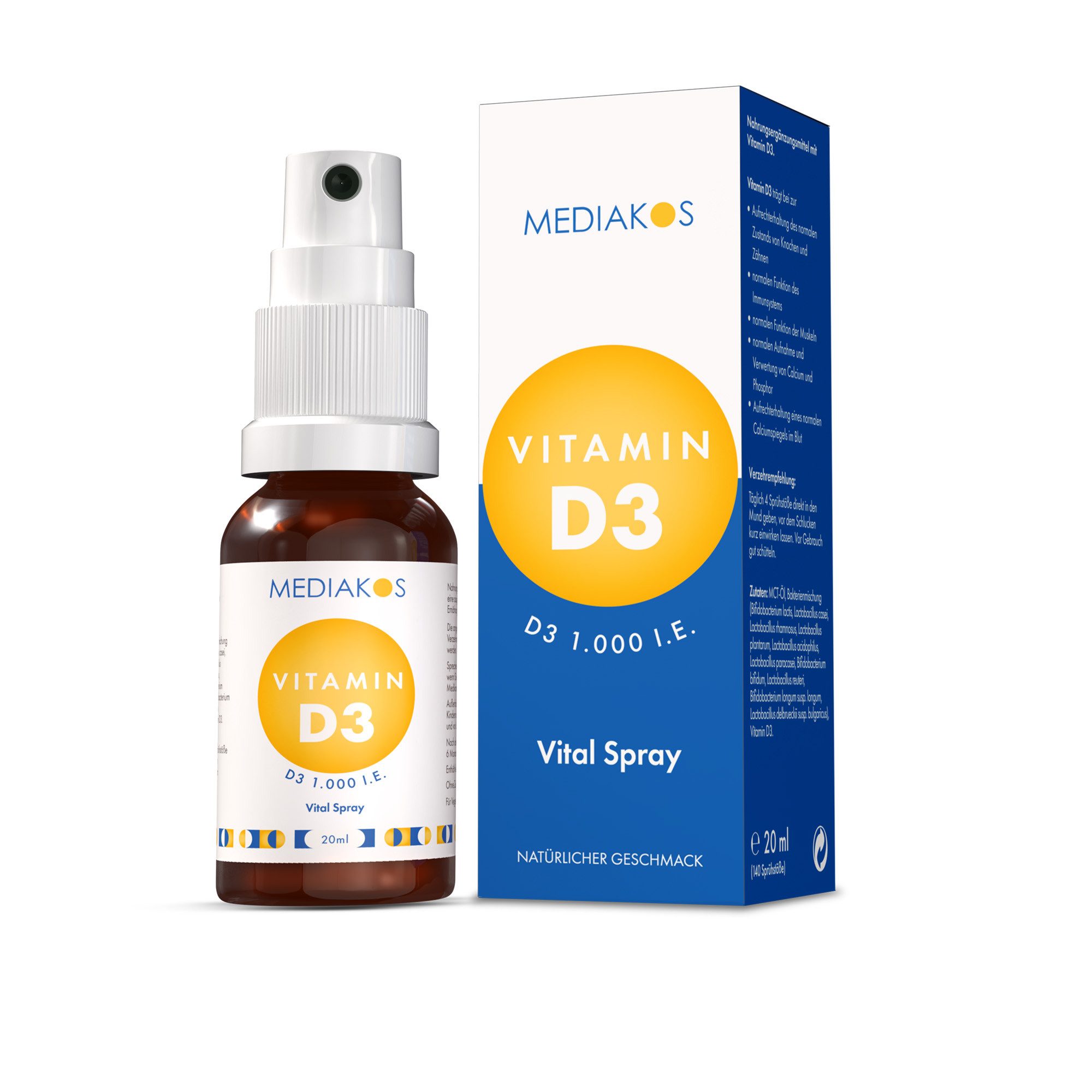 Mediakos Mediakos Vitamin D3 1.000 I.E. Vital Spray, für Immunsystem, Knochen, Zähne und Muskeln – Geschmacksneutral & Ohne Zucker! à 20 ml