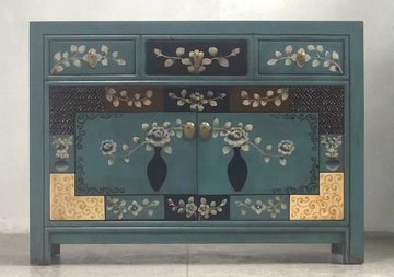 OPIUM OUTLET Kommode Asia Schrank Sideboard orientalisch chinesisch (Hochzeitsschrank fernöstlich, komplett montiert, blau, asiatisch, Vintage-Stil), Kommode Anrichte Büffet