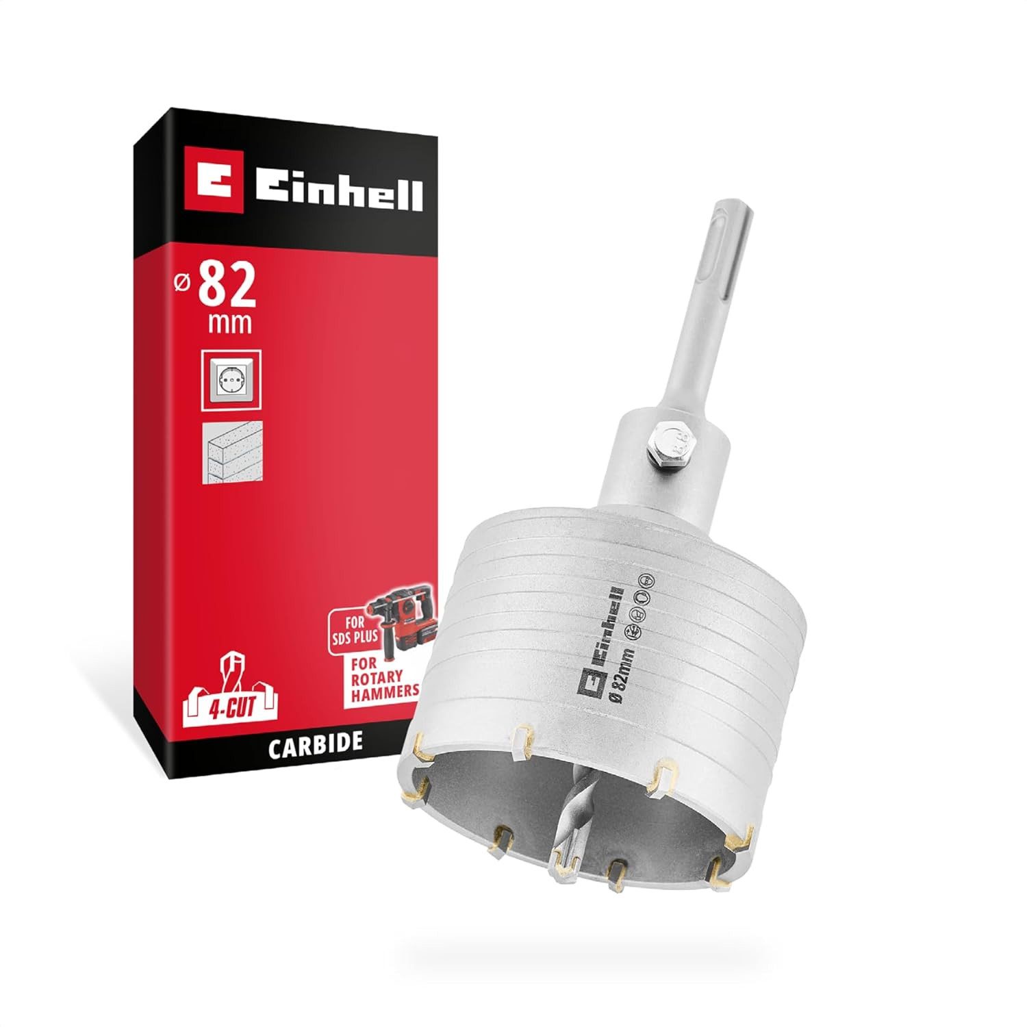 Einhell Bohrer- und Bit-Set, (1x HM-Bohrkrone Ø 82 mm mit 8 Hartmetallzähnen und 2x Abfuhrloch Ø 10 mm, 1x Zentrierbohrer Ø 8 mm mit Vier-Schneider-Hartmetallplatte, 1x SDS-Plus-Schaft mit M22-Gewinde, 1-tlg), HM-Bohrkrone SDS Schaft 82mm (Spanabfuhr, Zentrierbohrer, M22-Gewindev