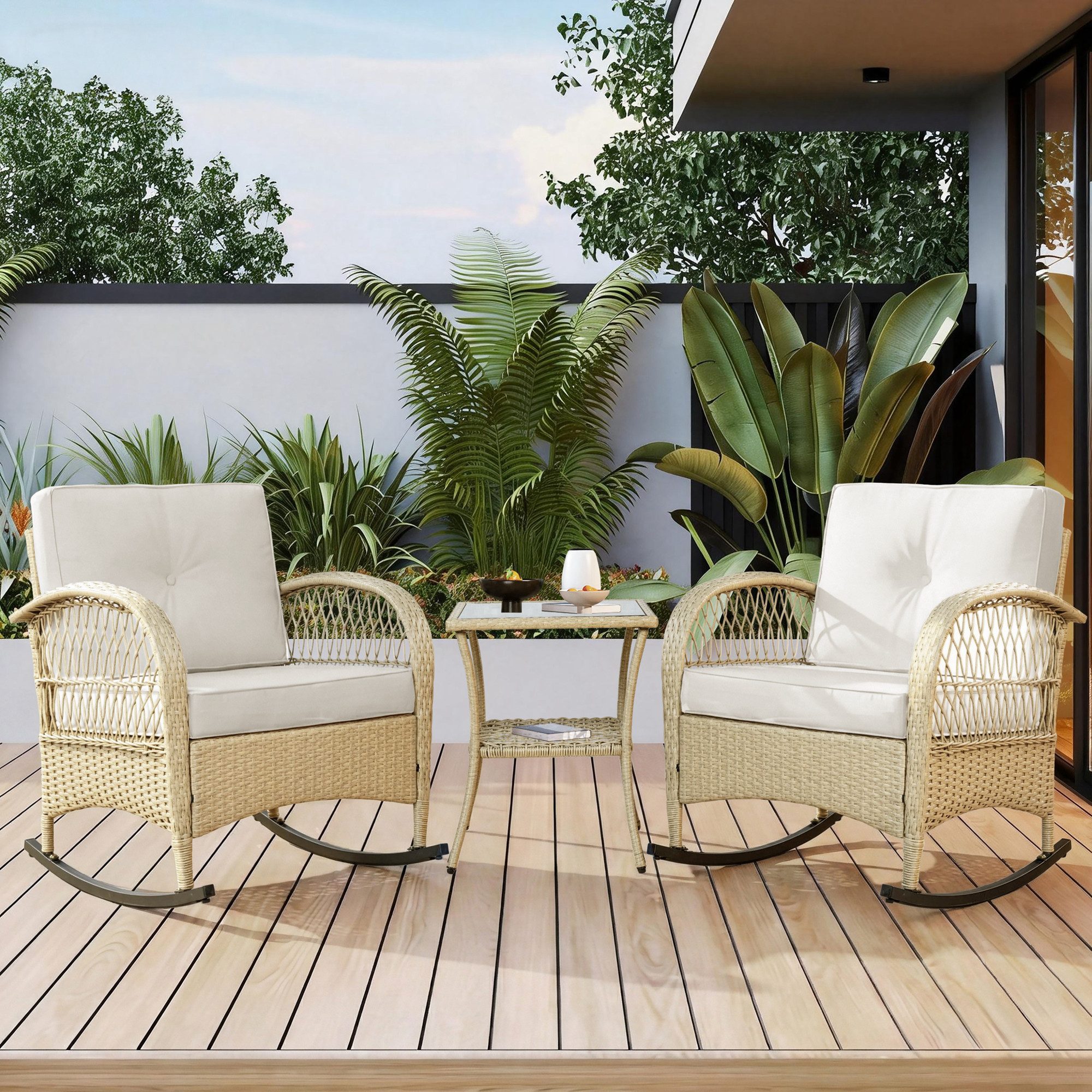 Fine Life Pro Essgruppe Garten-Schaukelstuhl-Set mit Glastisch