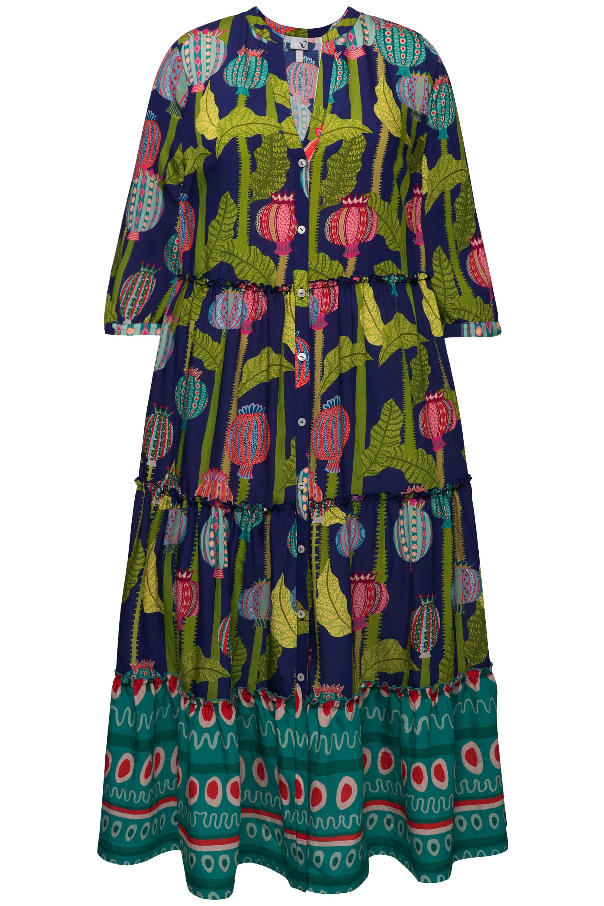 Ulla Popken Maxikleid Maxikleid Stehkragen V-Ausschnitt günstig online kaufen