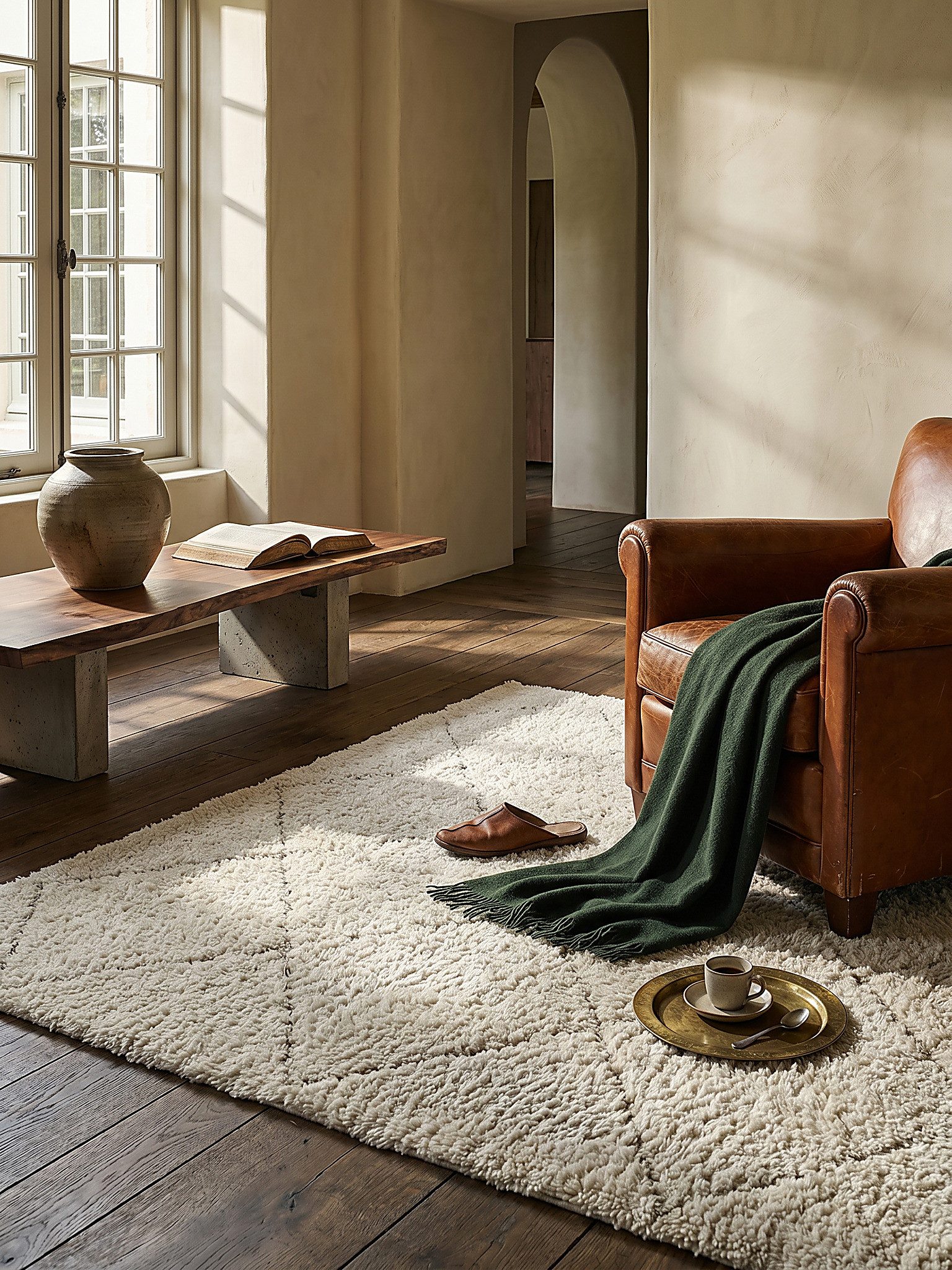 KADIMA DESIGN Teppich ATRIO Hochflorteppich Creme 160x230 Berber Polypropylen Wohnzimmer, Rechteckig, Höhe: 31 mm, Fußbodenheizung geeignet, Strapazierfähig, Pflegeleicht, Farbecht
