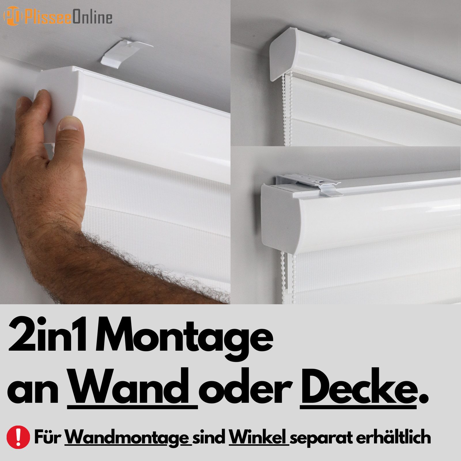 Doppelrollo Doppelrollo mit Kassette Weiß Grau Höhe 250/200 cm mit und ohne Perlen, Plisseeonline, abdunkelnd, Deckenmontage, Inkl. Montagezubehör für Deckenmon – Bild 4 von 5