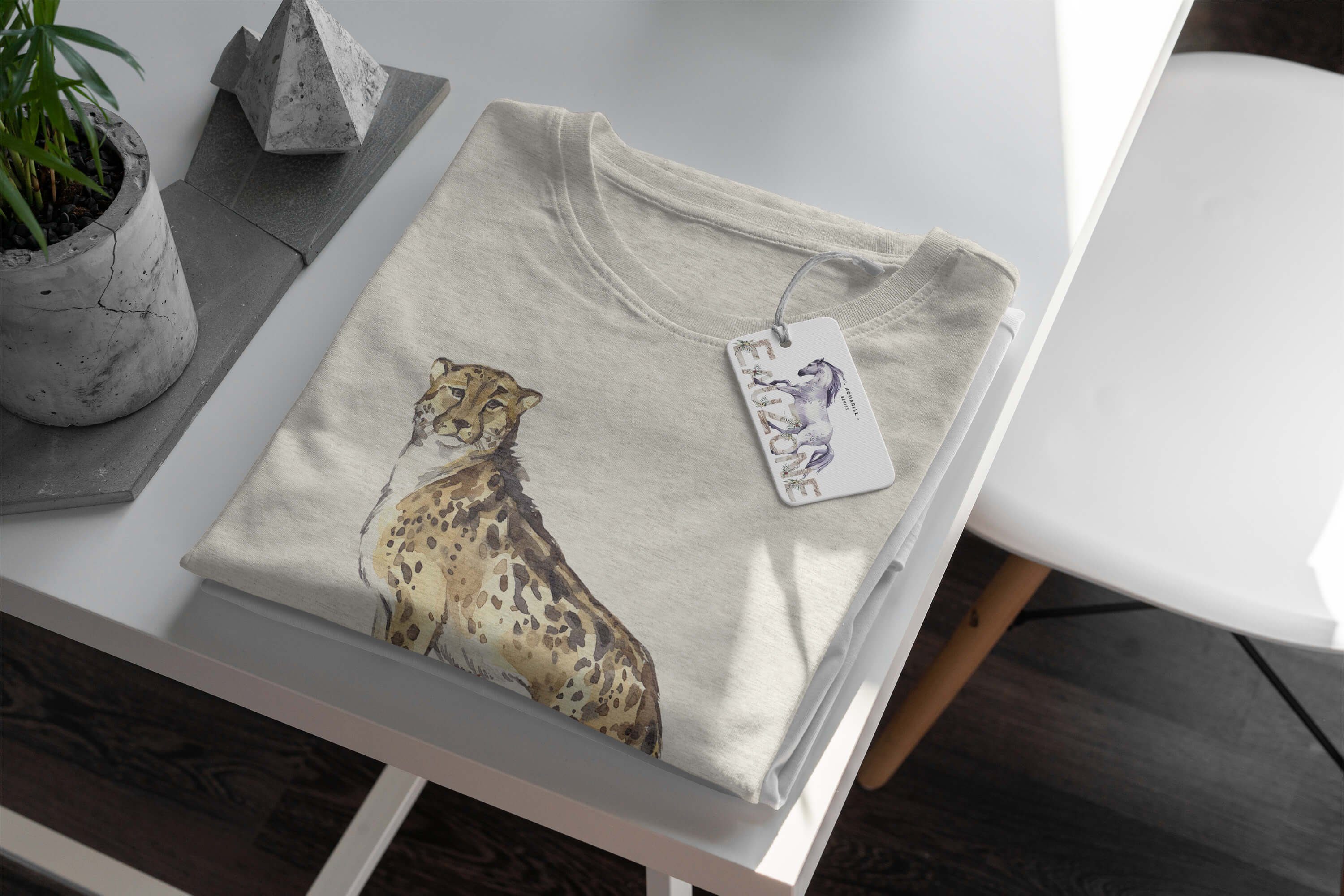 Sinus Art T-Shirt Herren Shirt Aquarell Ökomode Bio-Baumwolle T-Shirt 100% Motiv gekämmte Nachhaltig erneu (1-tlg) aus Gepard