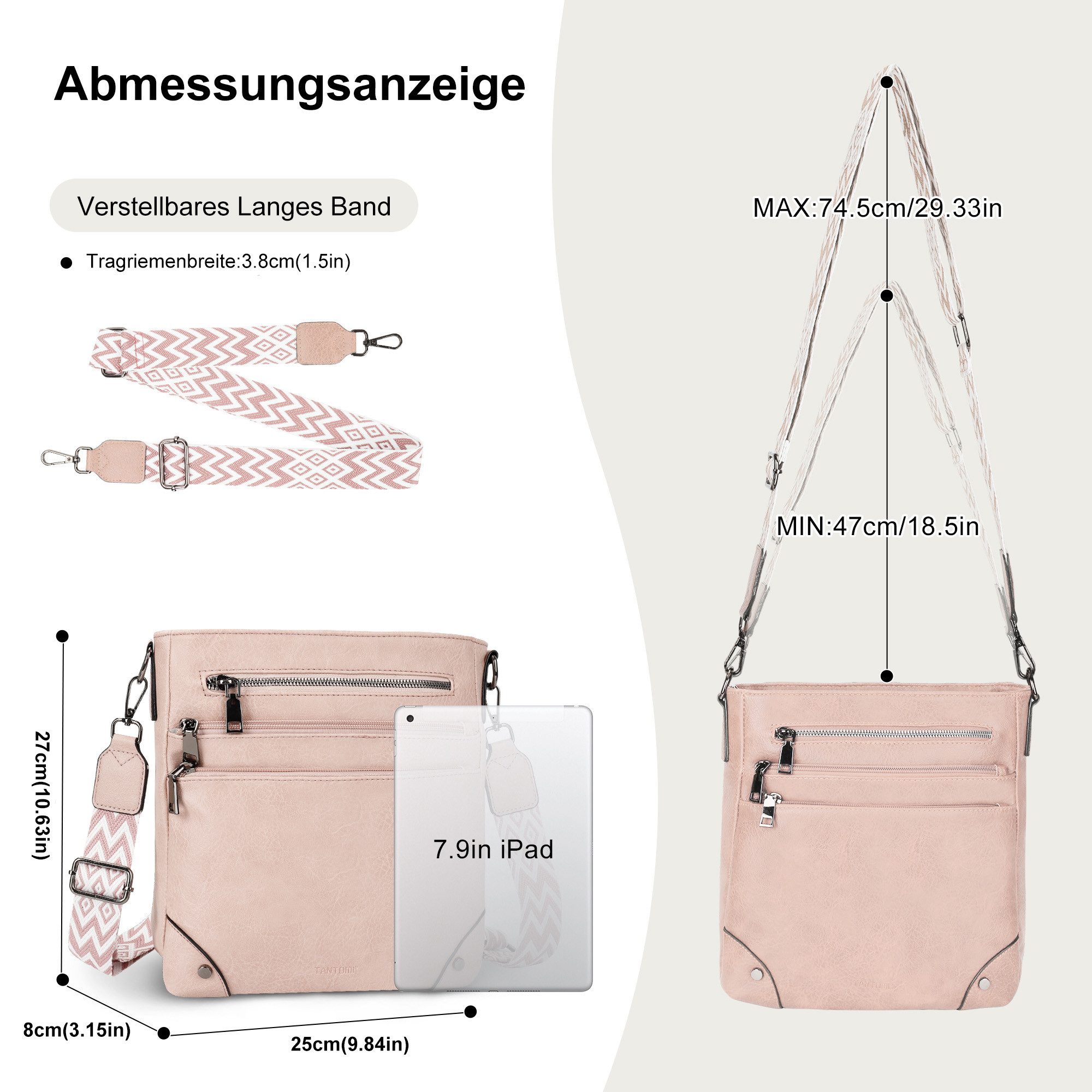 TAN.TOMI Umhängetasche Damen Mittelgroß Schultertasche Mehrere Taschen Crossbody Bag, Mit Verstellbarem Gurt für Schule Arbeit Reisen Ausflug Einkauf