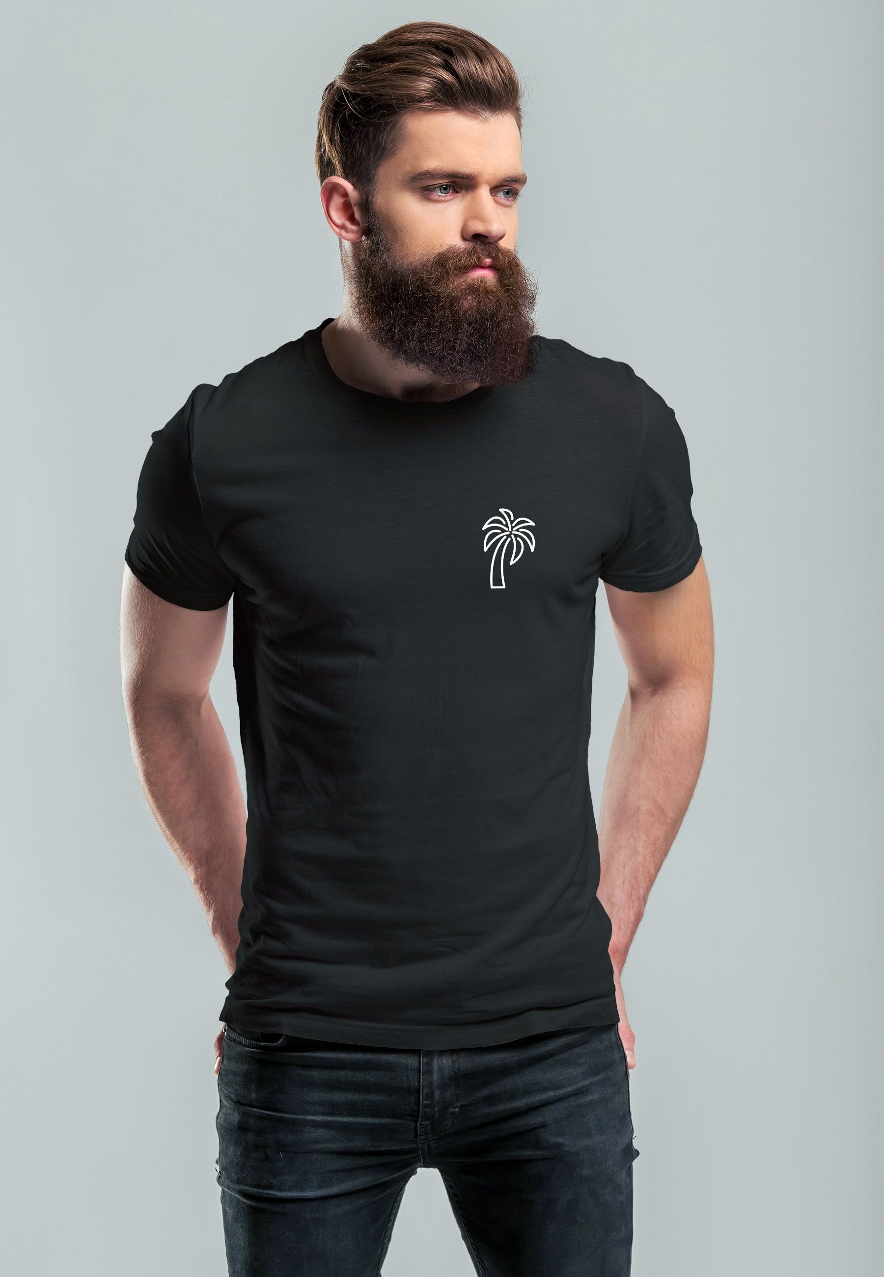 Neverless Print-Shirt Herren T-Shirt Palme Art Print Emblem Logo Sommer F Line -weiss Minimal mit Badge schwarz Print