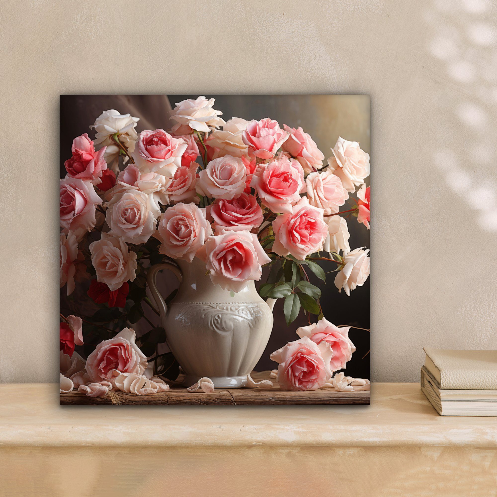 OneMillionCanvasses® Leinwandbild Blumen - Rosen - Vase - Stilleben - Blumenstrauß, Fotodruck (1 St), Wandbild, Deko Schlafzimmer Wohnzimmer Flur 20x20 cm