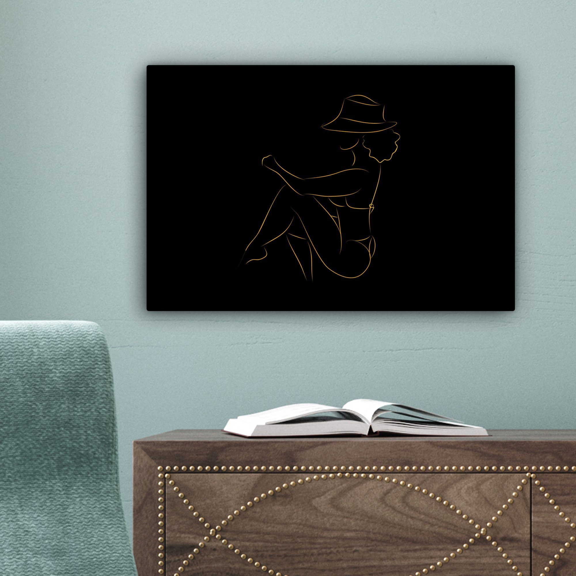 Frau Wanddeko, (1 - Wandbild Gold 30x20 St), cm - Strichzeichnung, Leinwandbild OneMillionCanvasses® Aufhängefertig, Leinwandbilder, - Hut