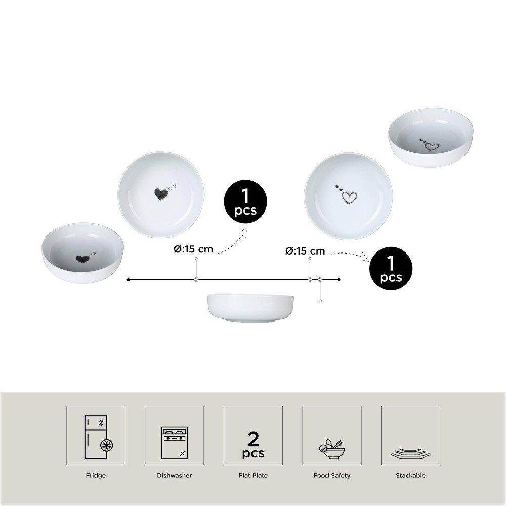 Kütahya Porselen Dessertteller Kütahya Porselen 2er Schüssel Set 15 cm Porzellan Herzmuster Weiß