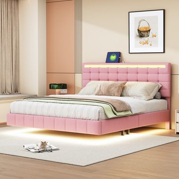 Gotagee Polsterbett Polsterbett 160x200cm LED Doppelbett Gästebett Leinen Rosa Bettgestell