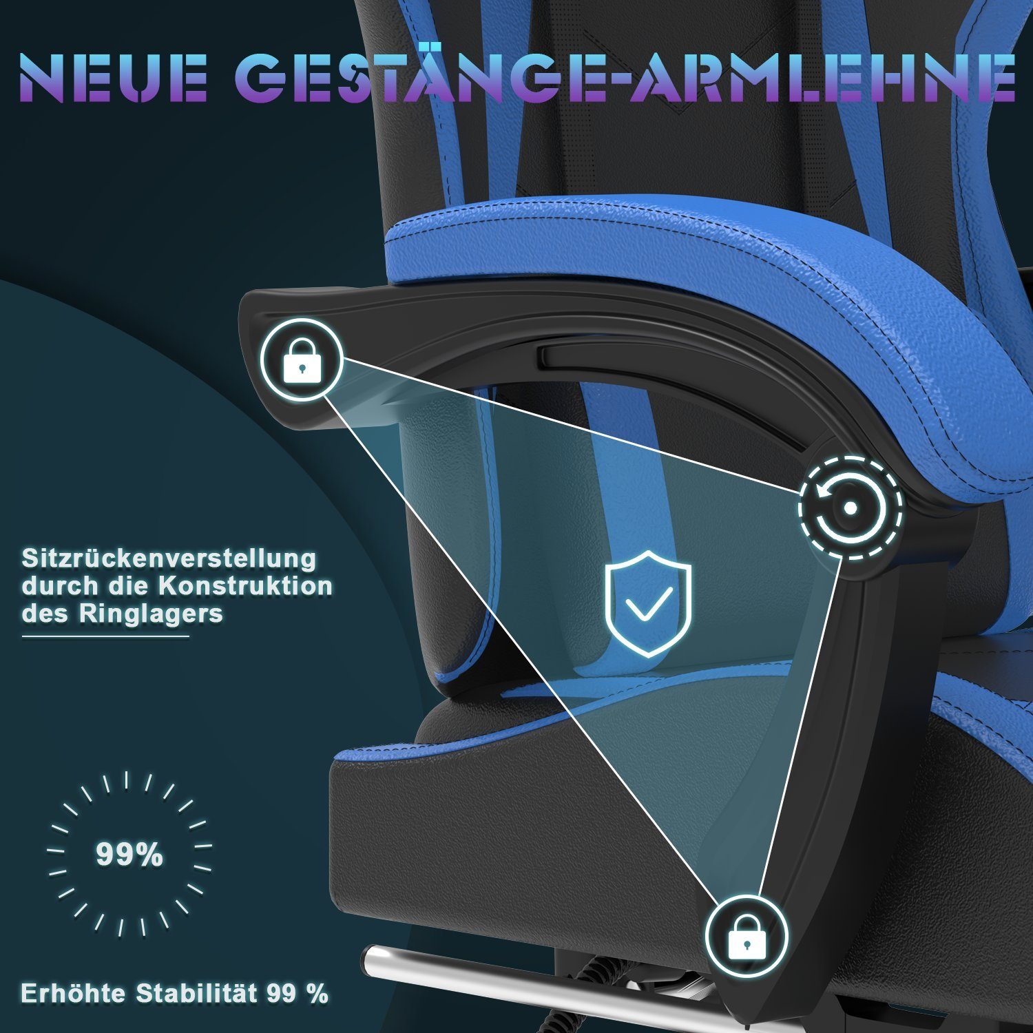 90-135° Massage Fußstütze, einstellbar GUNJI Stuhl Gaming Rückenlehne Chair Gaming Blau mit