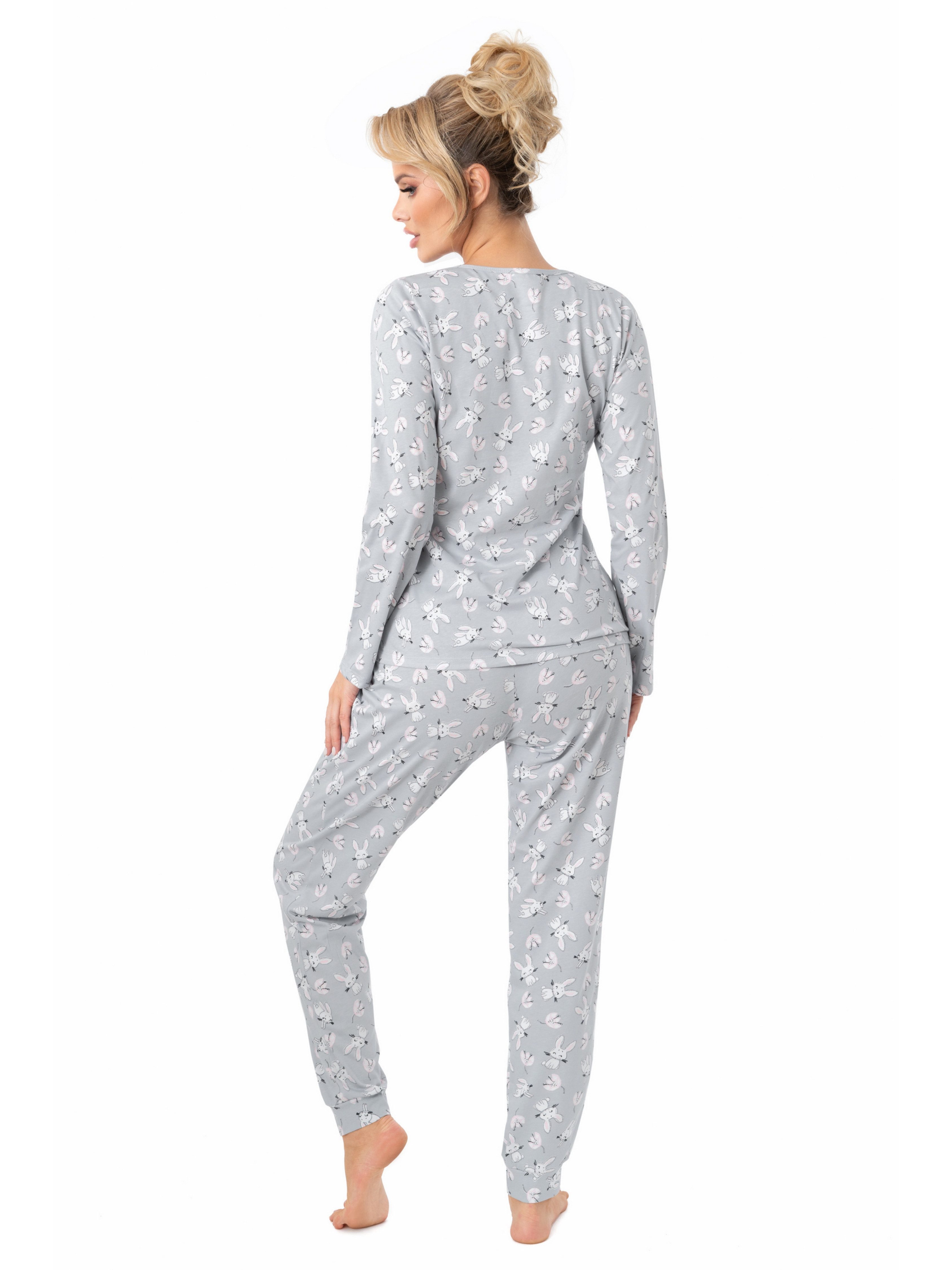 Donna Pyjama Langarm Schlafanzug mit Bündchen mit Häschen-Motivdruck