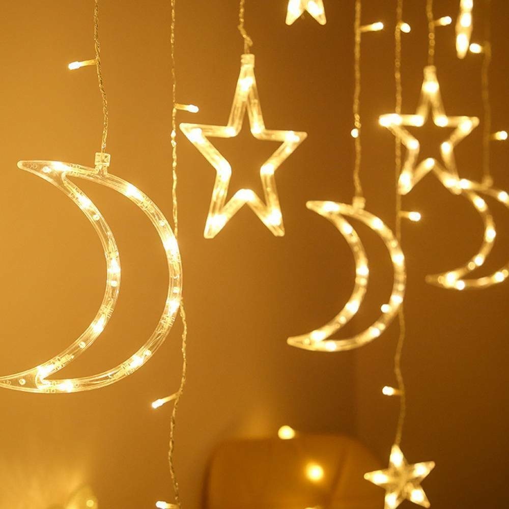 iscooter LED-Lichterkette Hausgarten Mond Girlande Fenster 3,5 Weihnachten Lampe, Vorhang dekorative Dekoration m Sterne Hochzeit Sternenvorhang, warmweiß Lichter