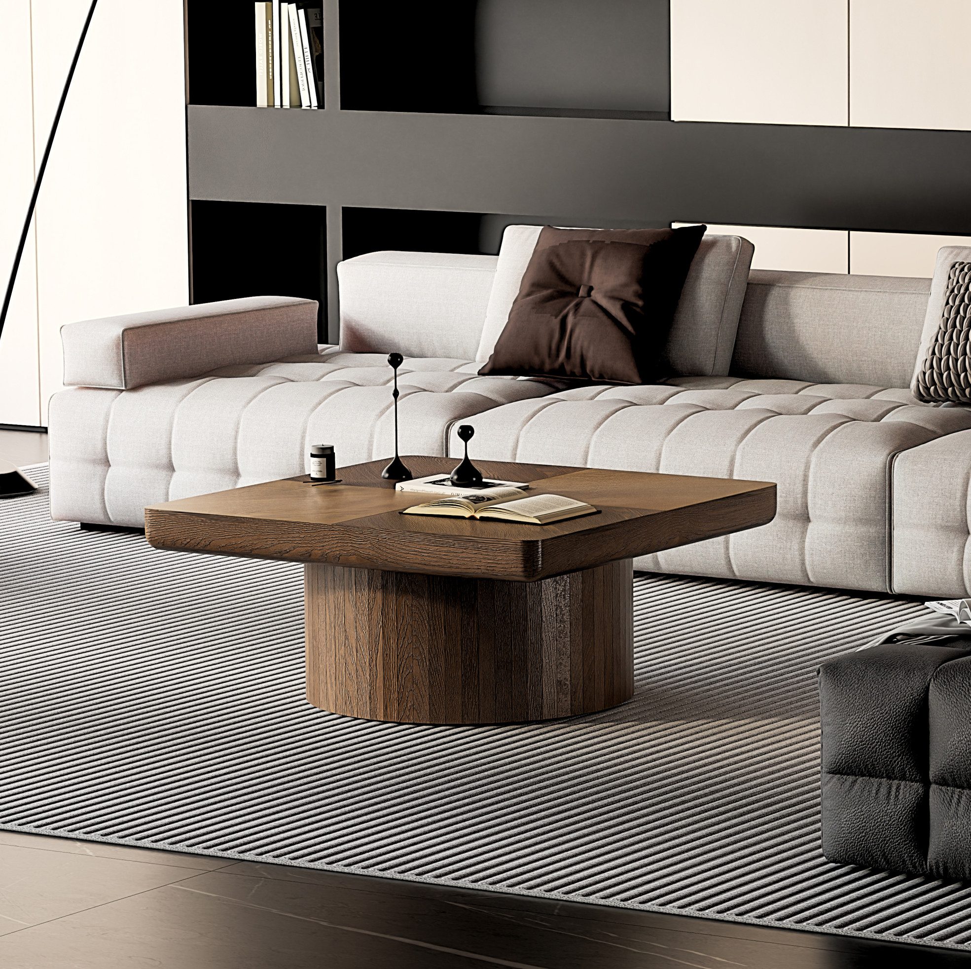 OKWISH Couchtisch Quadratischer Tisch, 78 cm, Walnut mit Tischplatte in Holzoptik (Packung, 1-St., Moderner Beistelltisch mit dicker Tischplatte, einfache Montage), Wohnzimmertisch mit Parquet Muster, stabilem Säulenfuß & MDF