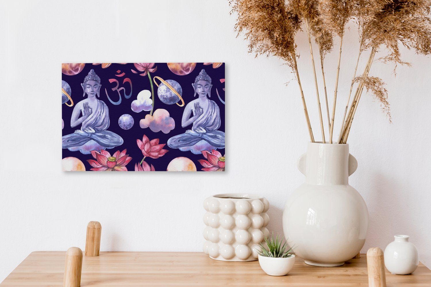 OneMillionCanvasses® Leinwandbild Buddha Planeten Muster, 30x20 (1 - Leinwandbilder, Aufhängefertig, St), Wanddeko, Wandbild cm 