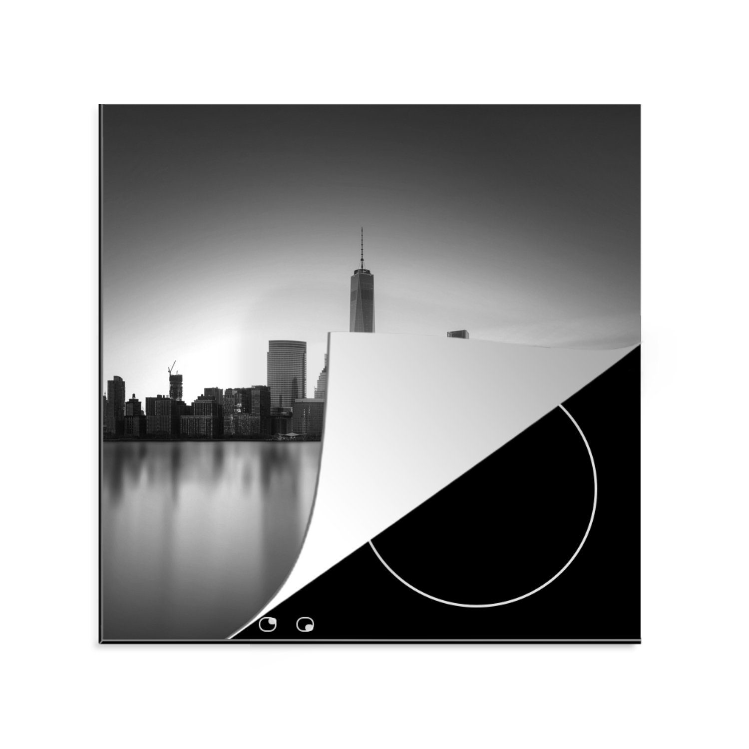MuchoWow Herdblende-/Abdeckplatte New Yorker Skyline - Schwarz und Weiß, Vinyl, (1 tlg), 78x78 cm, Ceranfeldabdeckung, Arbeitsplatte für küche