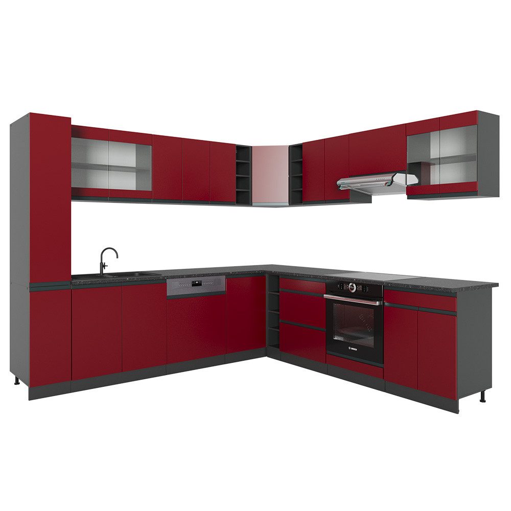 Vicco Winkelküche R-Line, Rot/Anthrazit, 257 x 60 cm J-Shape, ohne Arbeitsplatte