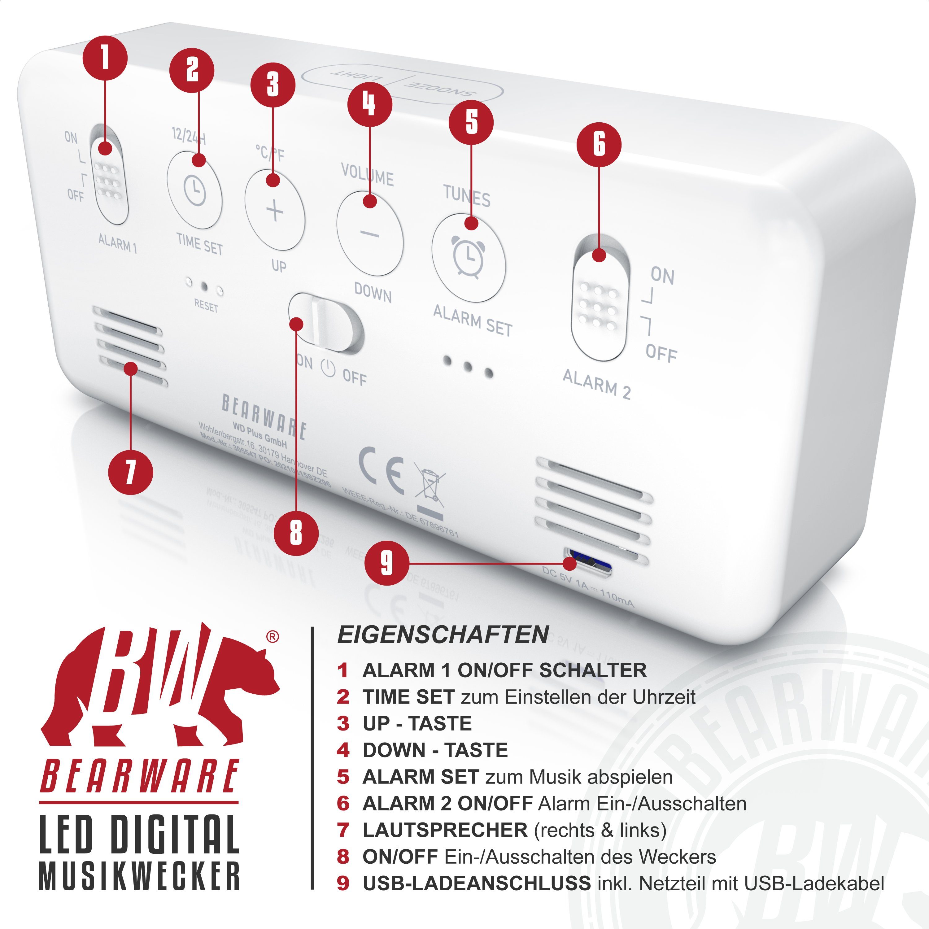 BEARWARE Wecker mit Netzteil & Akku, Musikwecker, Reisewecker mit Temperaturanzeige 13 Songs & Klingeltöne, 2 Alarme, Schlummerfunktion, dimmbar, 2200 mAh