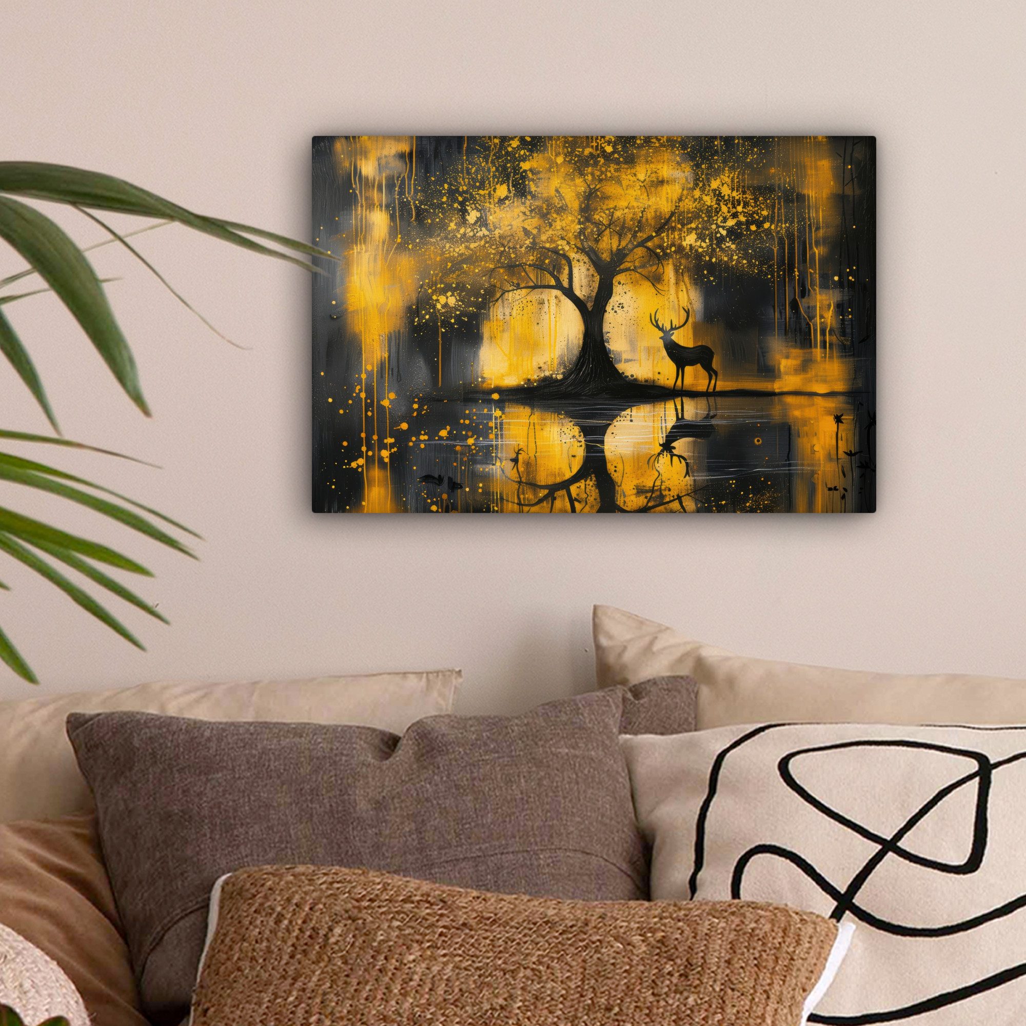 OneMillionCanvasses® Leinwandbild Baum - Farboptik - Hirsch - Natur - Gold, günstig online kaufen