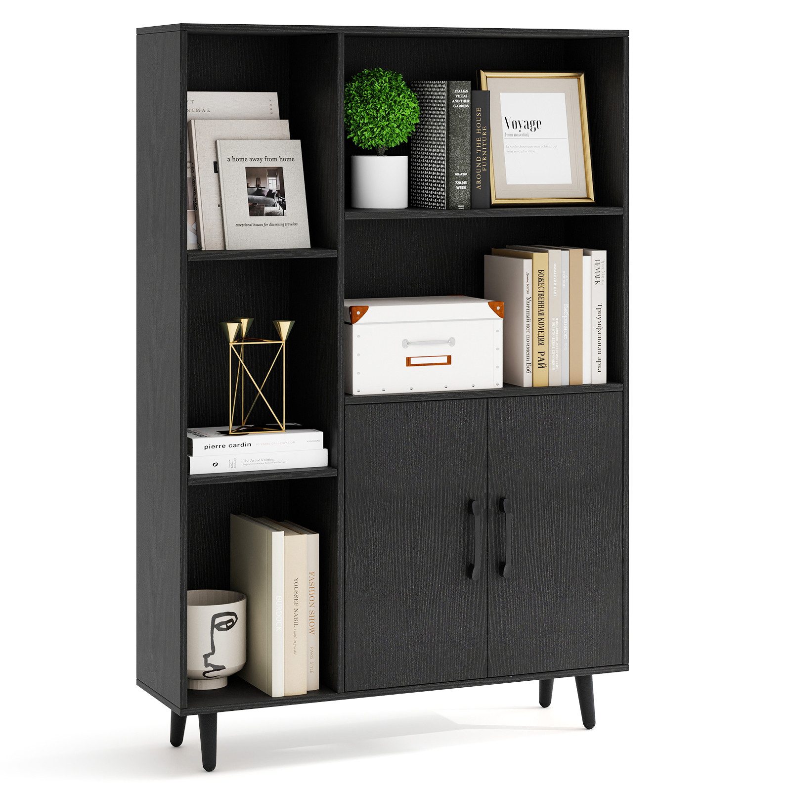 COSTWAY Bücherregal, Bücherschrank mit Türen und offenes Fächern Holz