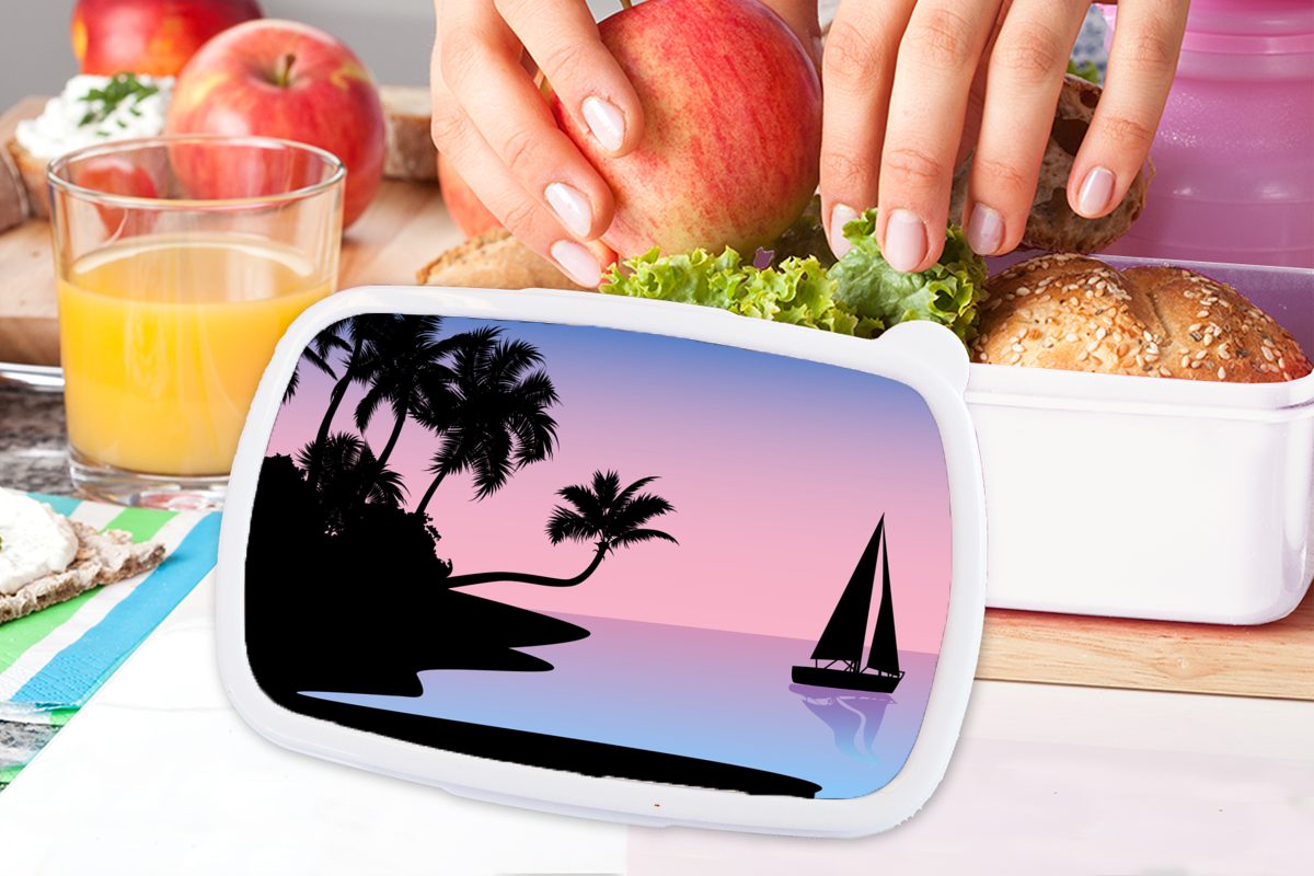 MuchoWow Lunchbox Strand - für Palme Erwachsene, - und Brotdose, (2-tlg), - für Brotbox und Schatten, Jungs Kinder Boot Kunststoff, weiß Mädchen