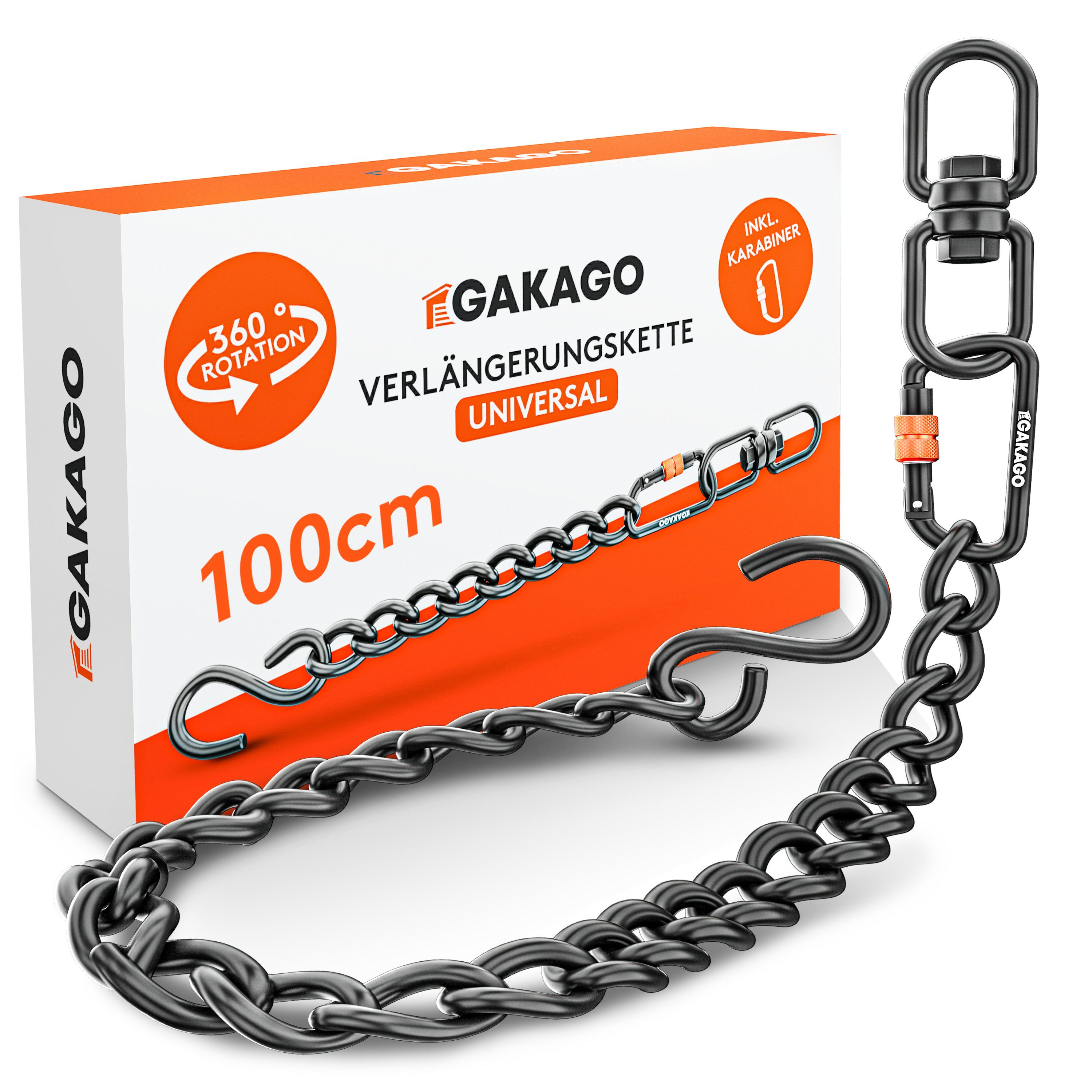 Gakago Deckenhaken Verlängerungskette, als Hängesessel Kette, Schaukel Verlängerung, Boxsack Halterung, (Extra Starke Stahlkette mit S-Haken, Drehwirbel und Karabiner), - Flexible Aufhängung auch für Draußen