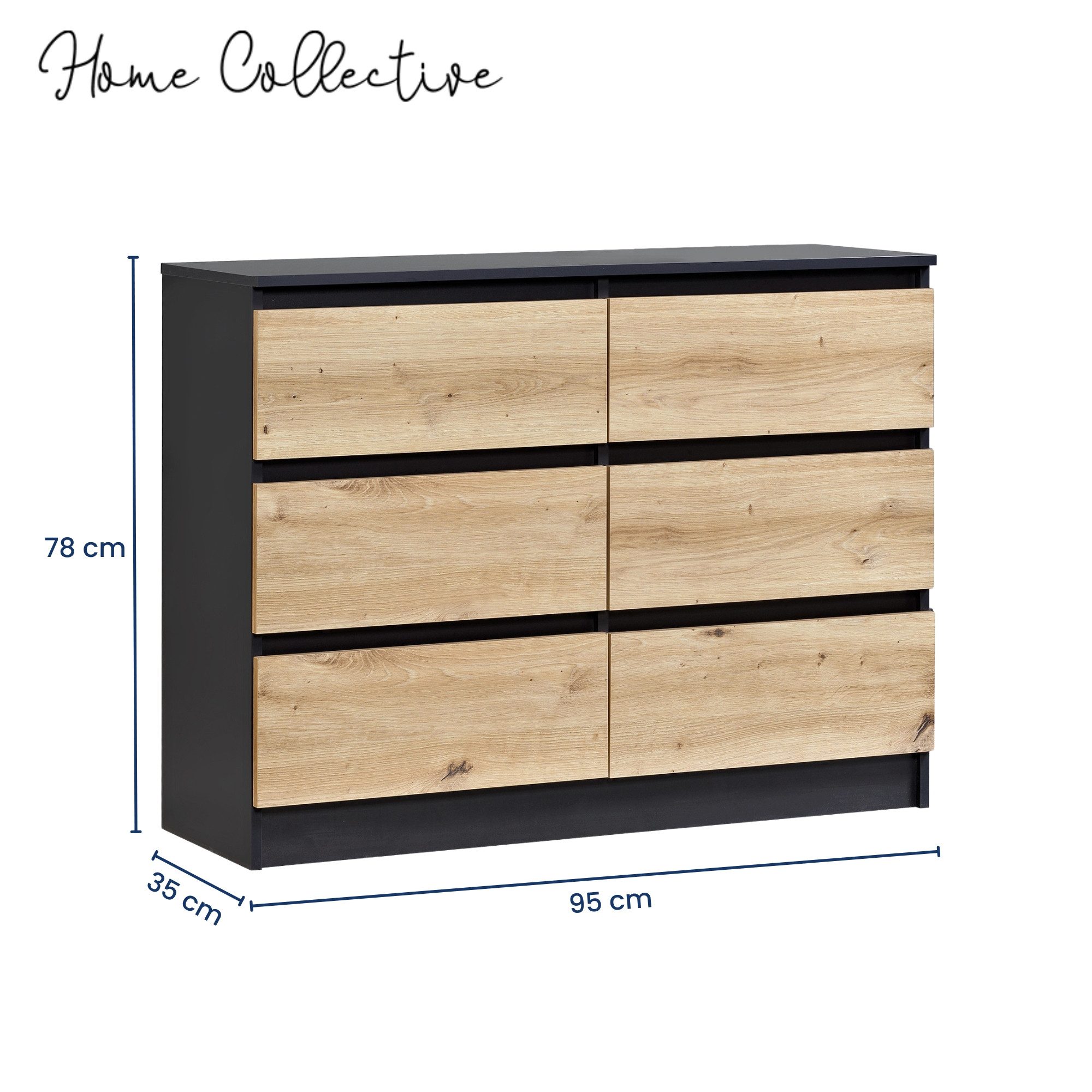 Home Collective Kommode mit 6 Schubladen 95, 120, 140 cm breit Holz Schrank (Highboard Anrichte Schlafzimmer Wohnzimmer Flur Büro Organizer), Kommode 100 cm breit Kommode Sideboard, Anthrazit Artisan-Eiche