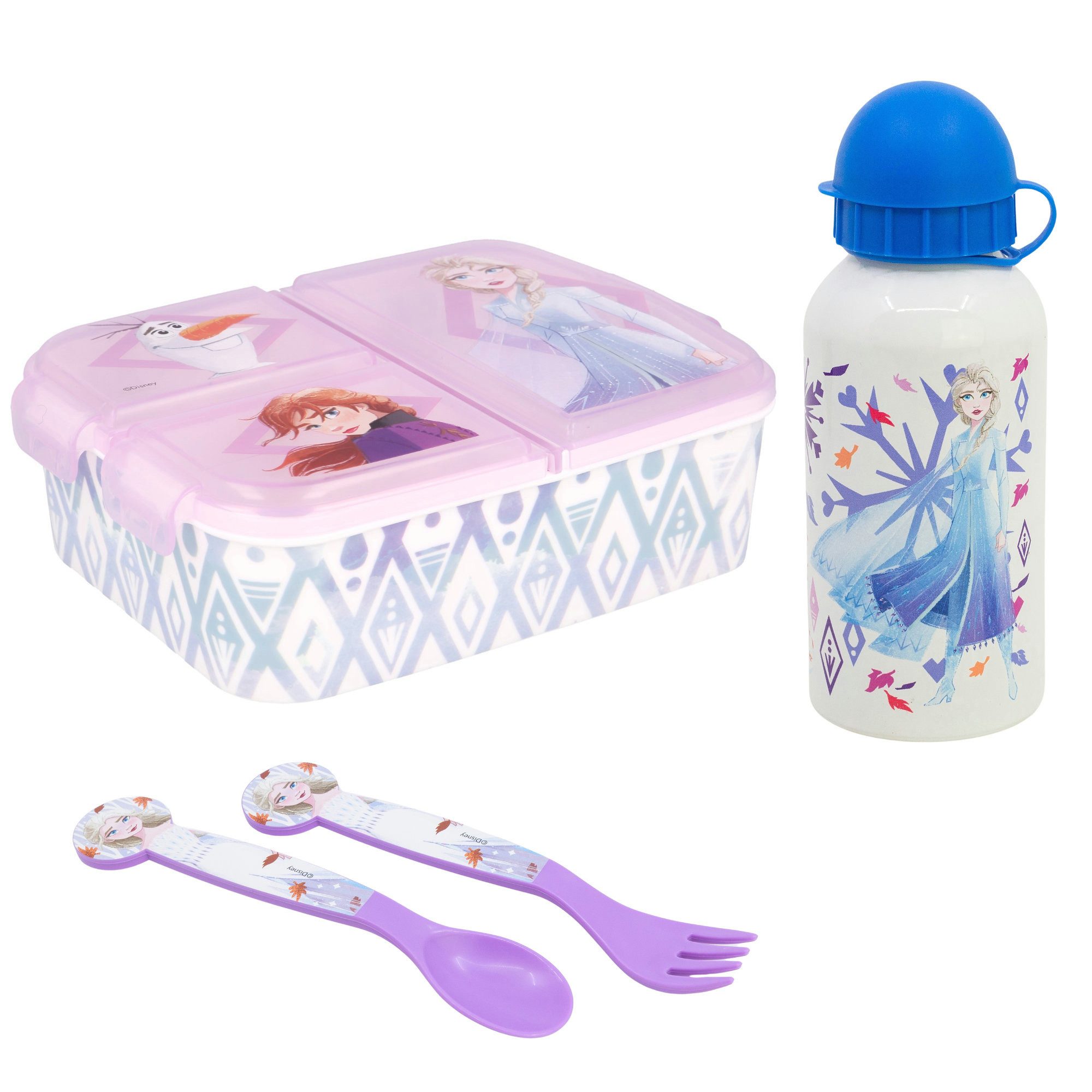 Disney Lunchbox Disney Die Eiskönigin Elsa 4 tlg Kinder Set, (4-tlg., Spar-Set), Brotdose Alu-Trinkflasche Besteck