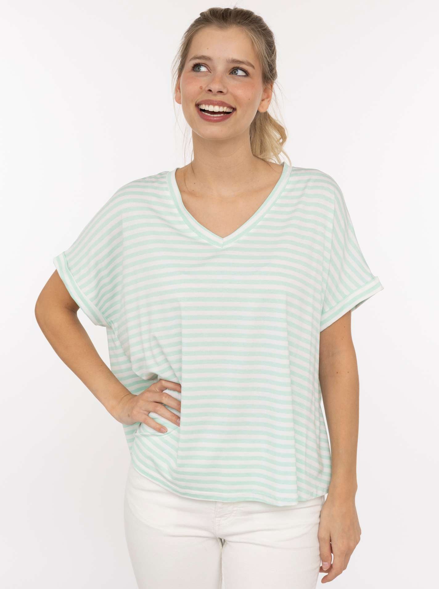 Zwillingsherz T-Shirt "Maritime Streifen" One Size, Kurzarm, V-Ausschnitt, gestreift, Loose Fit