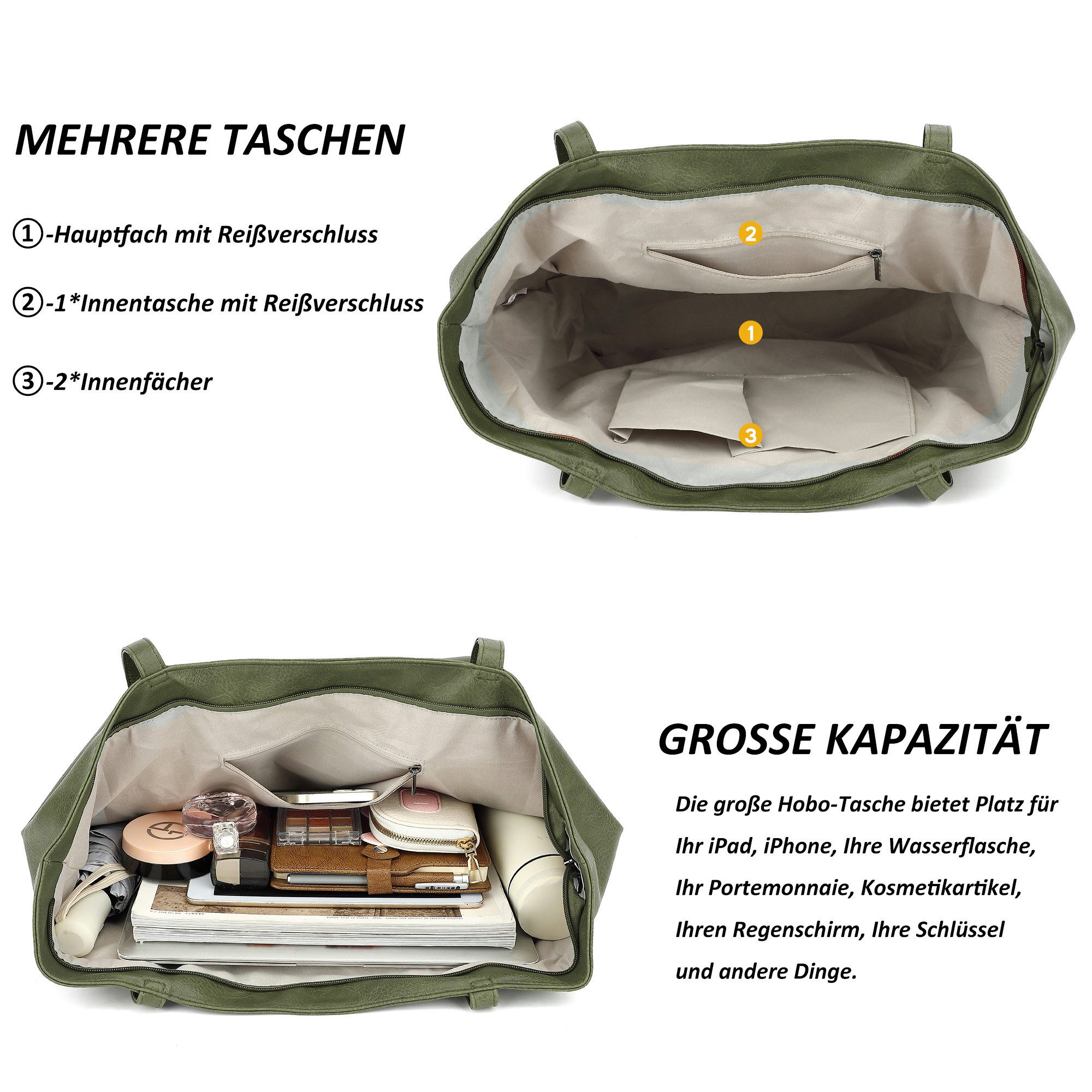 TAN.TOMI Schultertasche Umhängetasche Shopper Bag mit Reißverschluss, Mit Innentaschen, dekorative Anhänger für Arbeit Einkauf Reisen – Bild 4 von 5