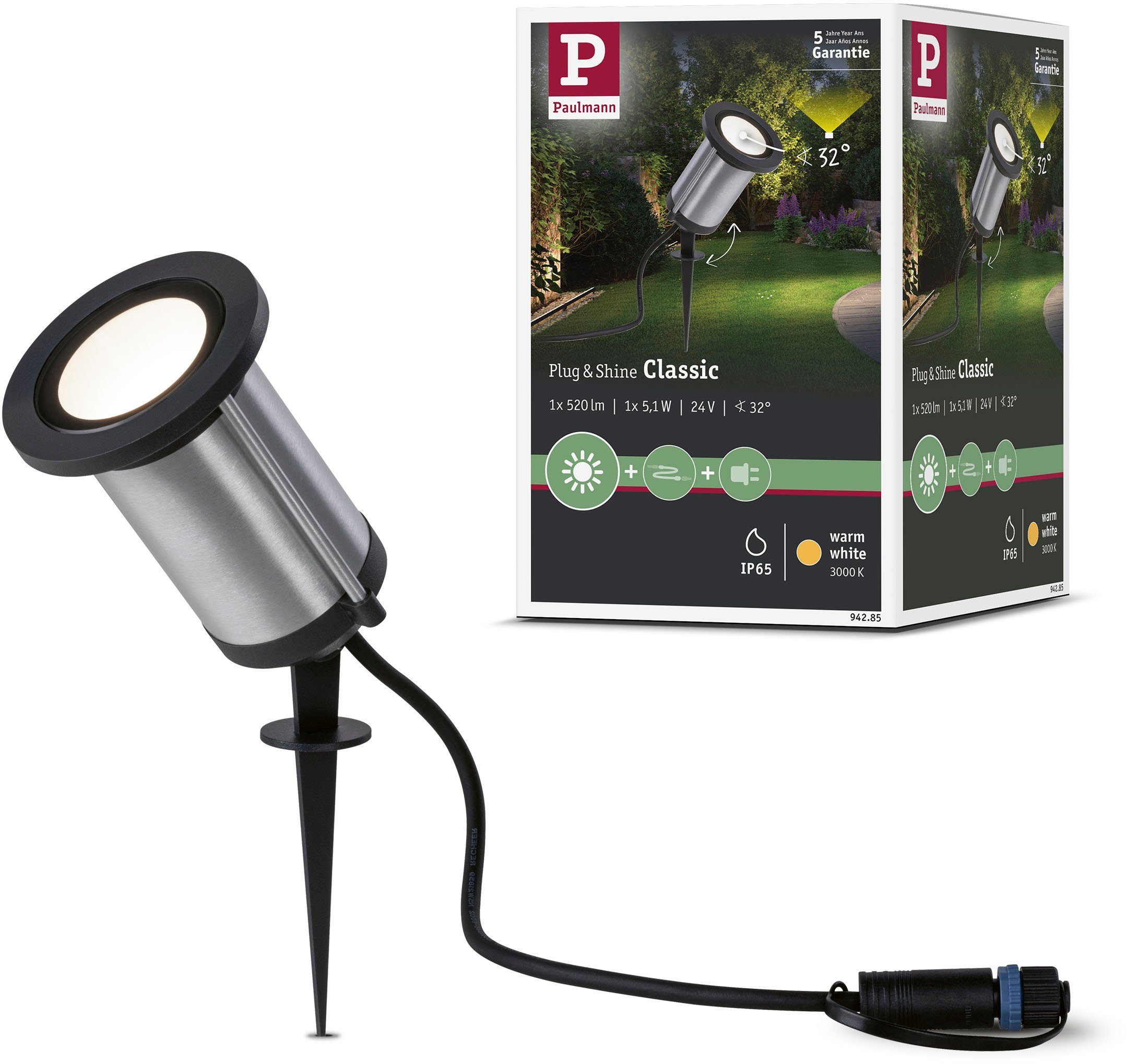 Paulmann LED Gartenstrahler Plug & Shine, Plug & Shine, LED fest integriert, Warmweiß, LED-Modul, 3000K 24V IP65 Anthrazit