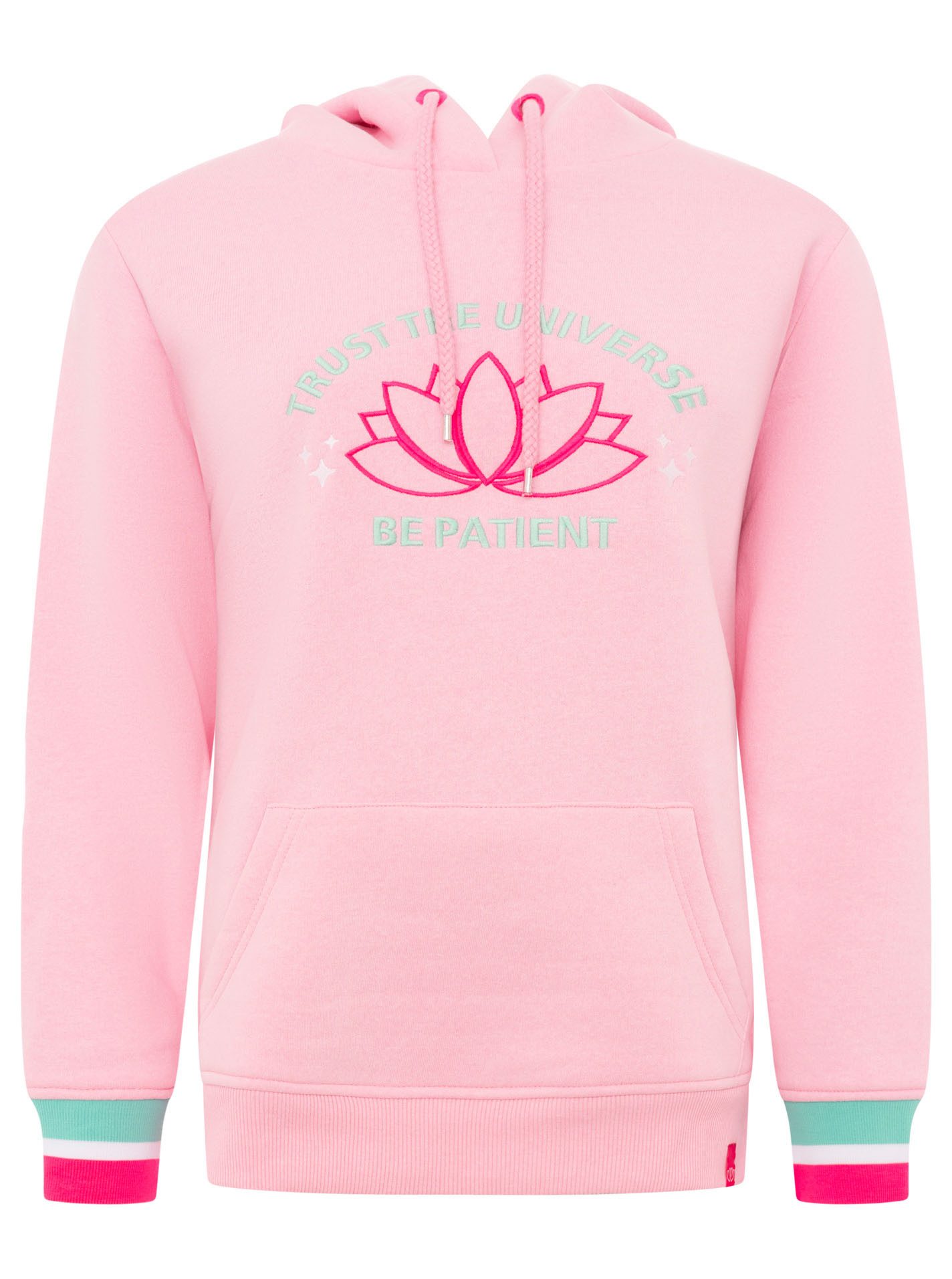 Zwillingsherz Hoodie "Be Patient" Schriftzug und Blüte, gestreifte Ärmelbün günstig online kaufen