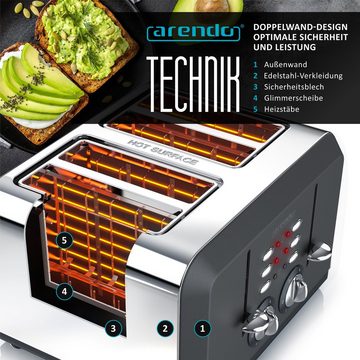 Arendo Toaster, 4 kurze Schlitze, für 4 Scheiben, 1630 W, Automatik, Edelstahl, Wärmeisolierendes Doppelwandgehäuse