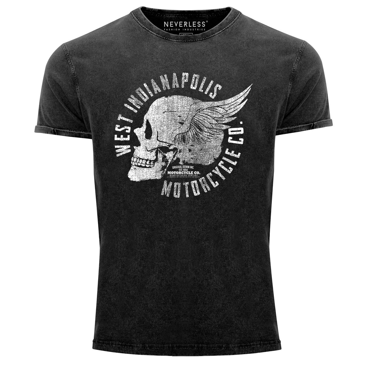 T-Shirt Neverless Skull Fit Look Neverless® schwarz Totenkopf Herren Print Wings Angesagtes mit Slim Vintage Print-Shirt Cooles Used