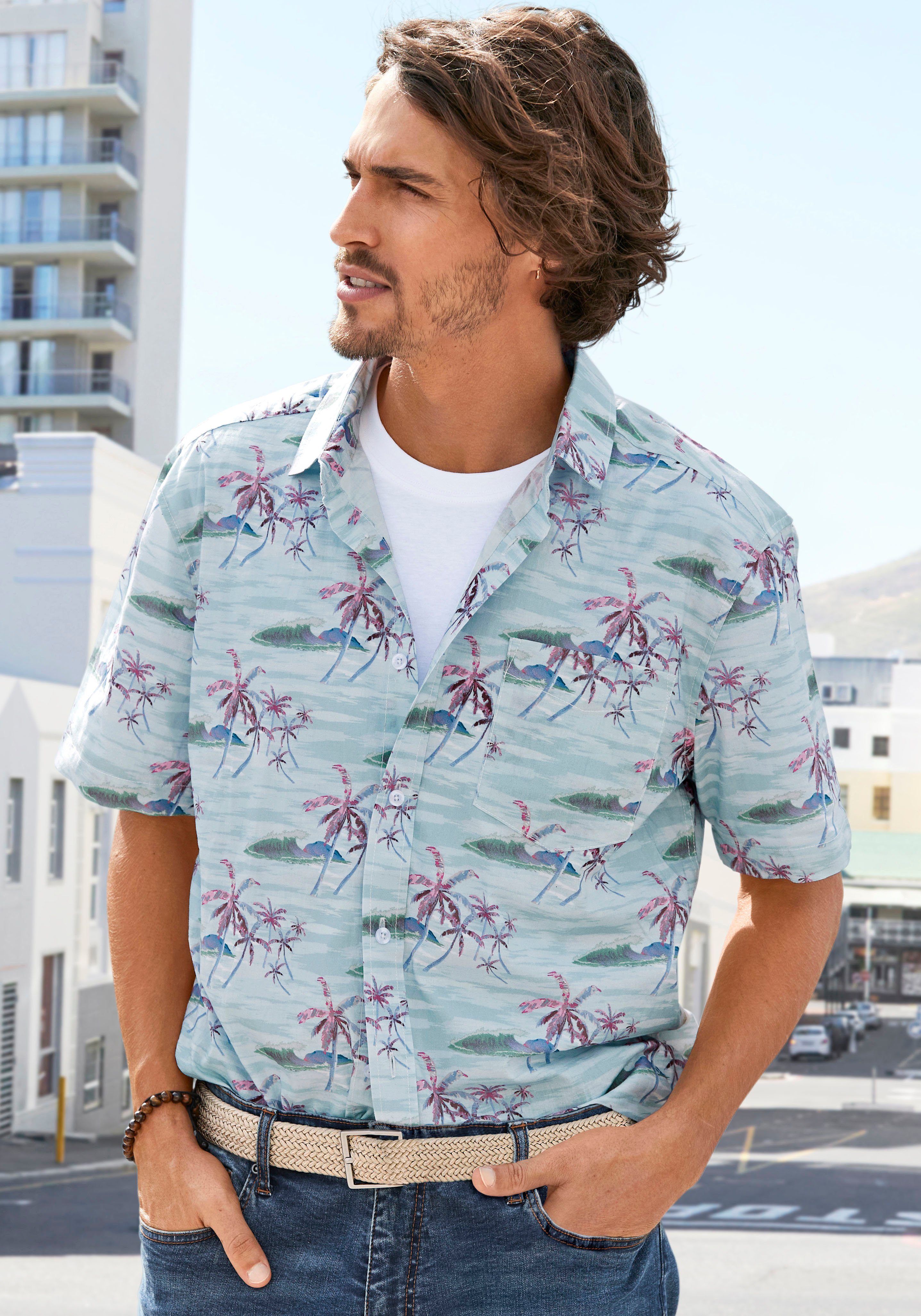 Beachtime Hawaiihemd mit Strandmode blau-bedruckt Palmenprint, coolem